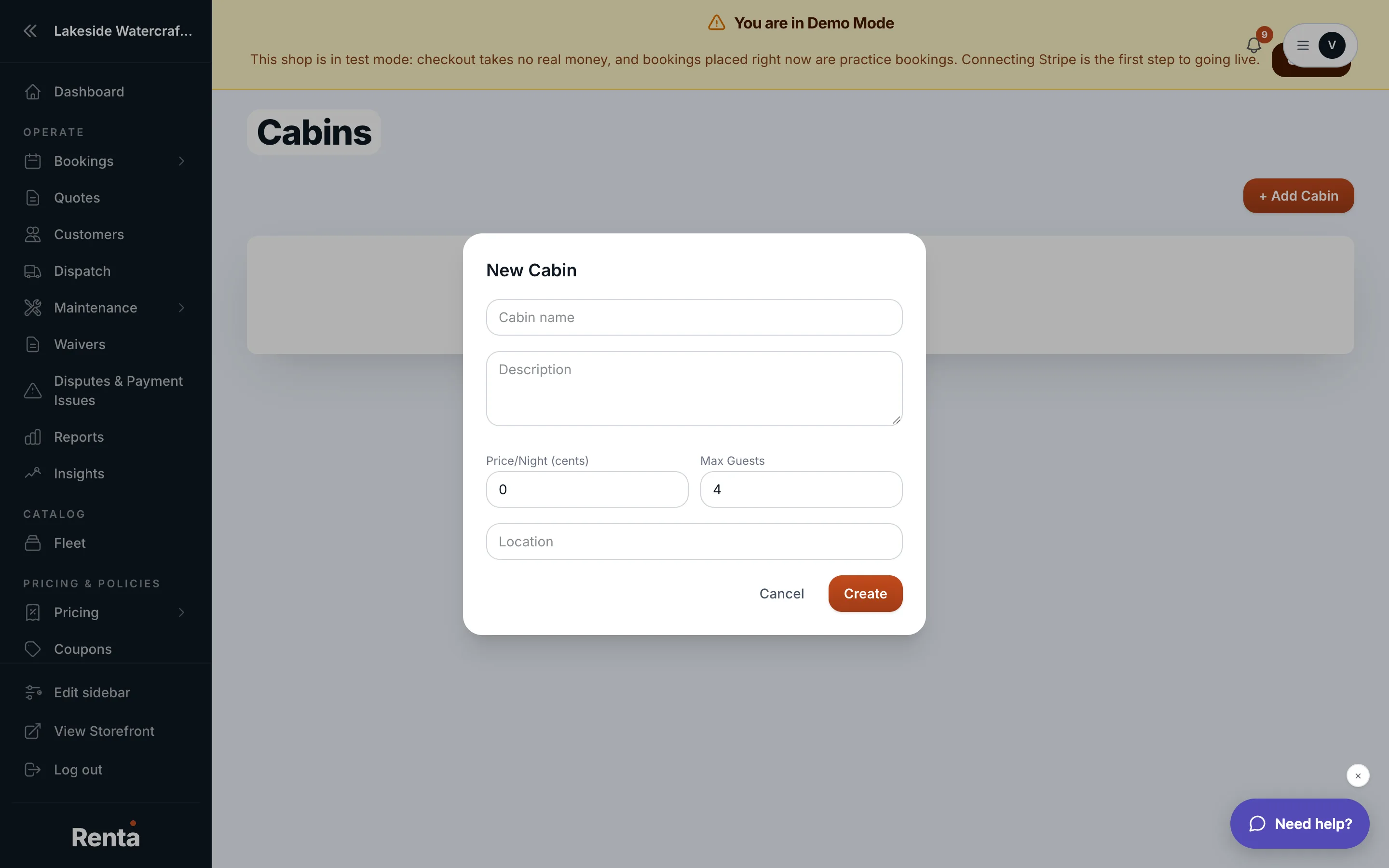 The Cabins page with the New Cabin form