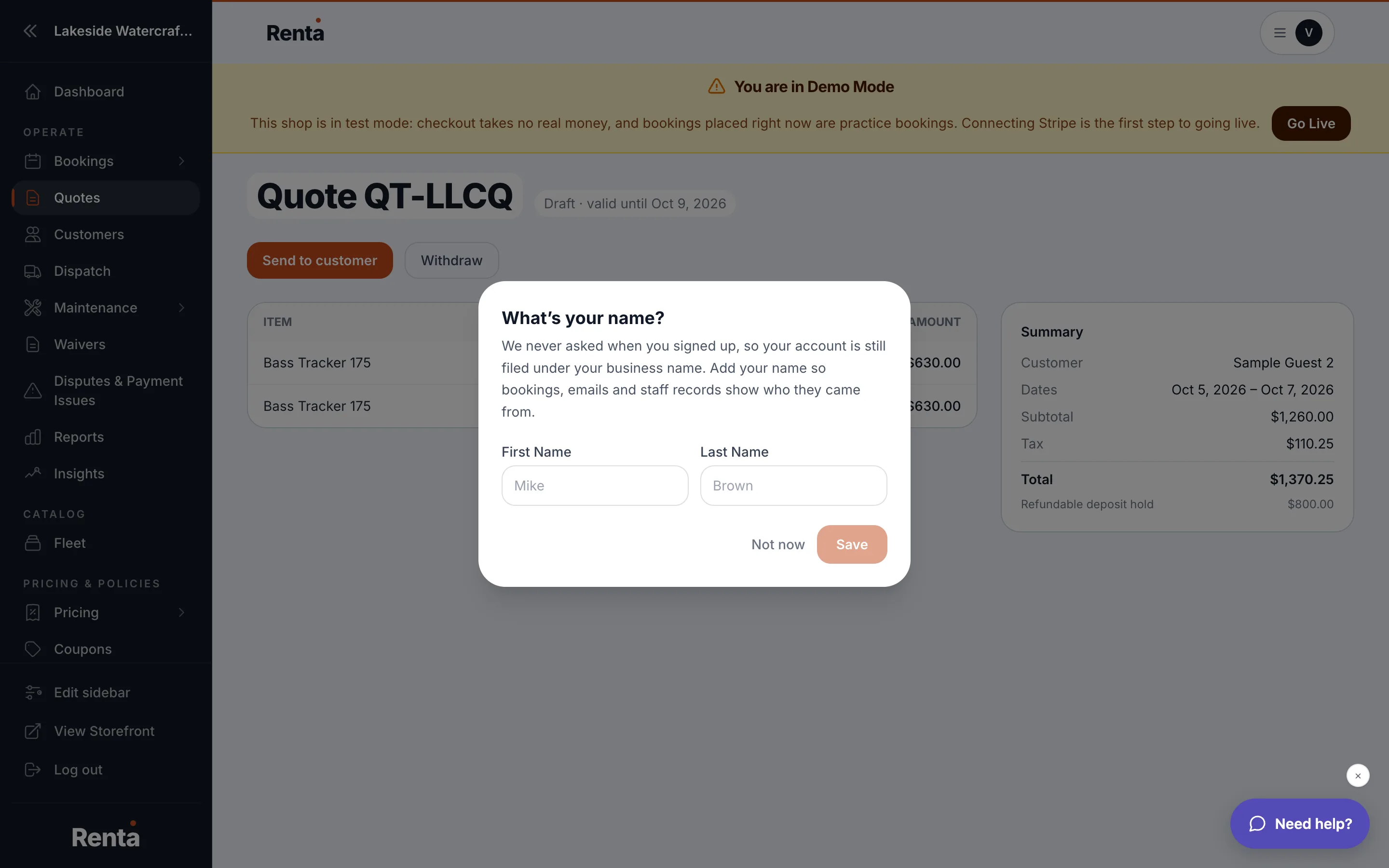 A quote's detail page with the Convert to booking action