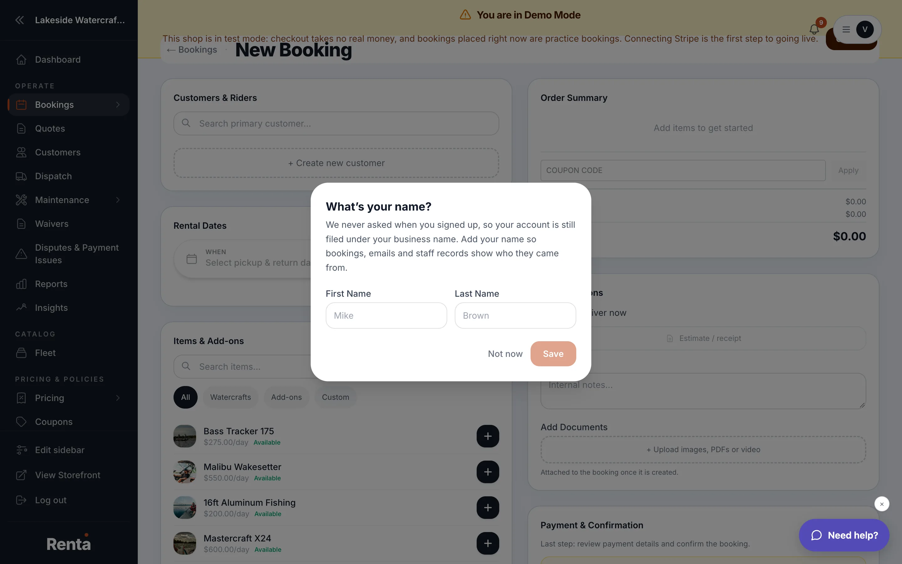 The New Booking form