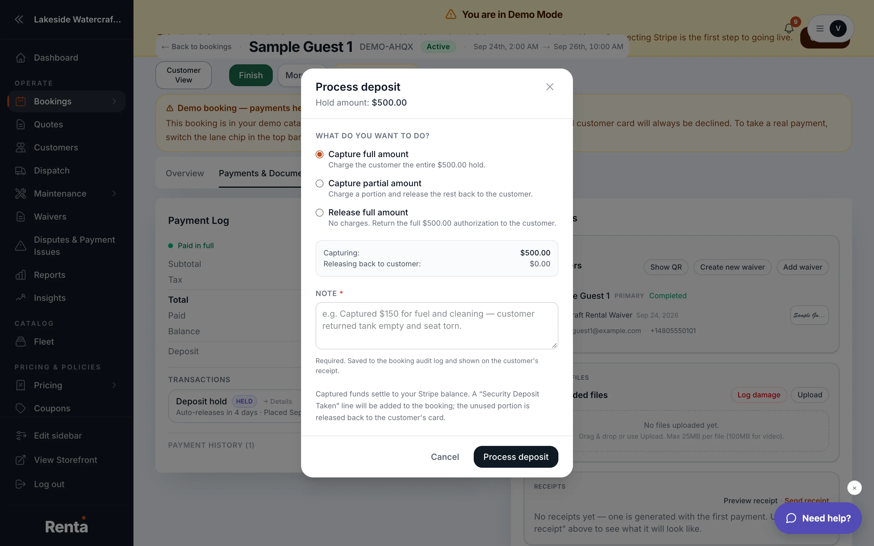 The open deposit hold banner with Release and Capture buttons