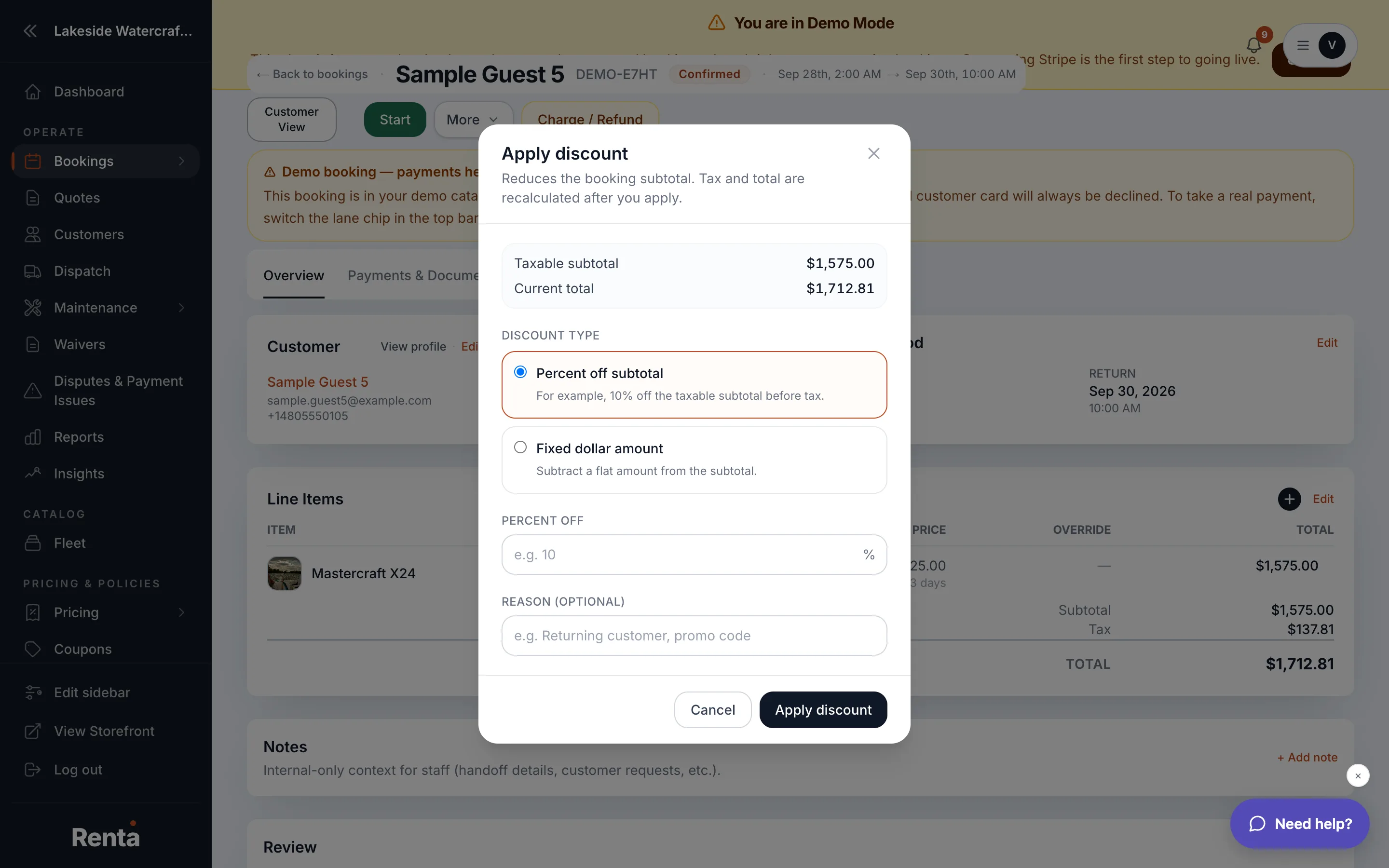 The Apply discount and Charge custom amount modals
