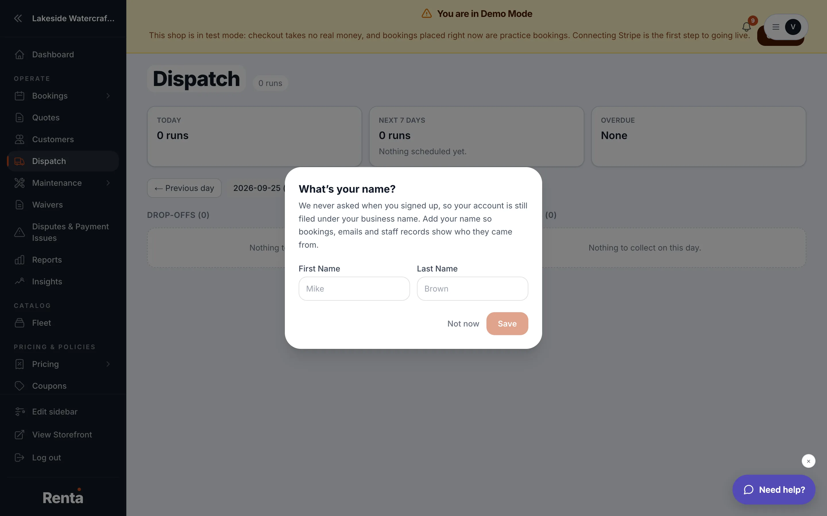 The Dispatch board with Dropoffs and Pickups sections