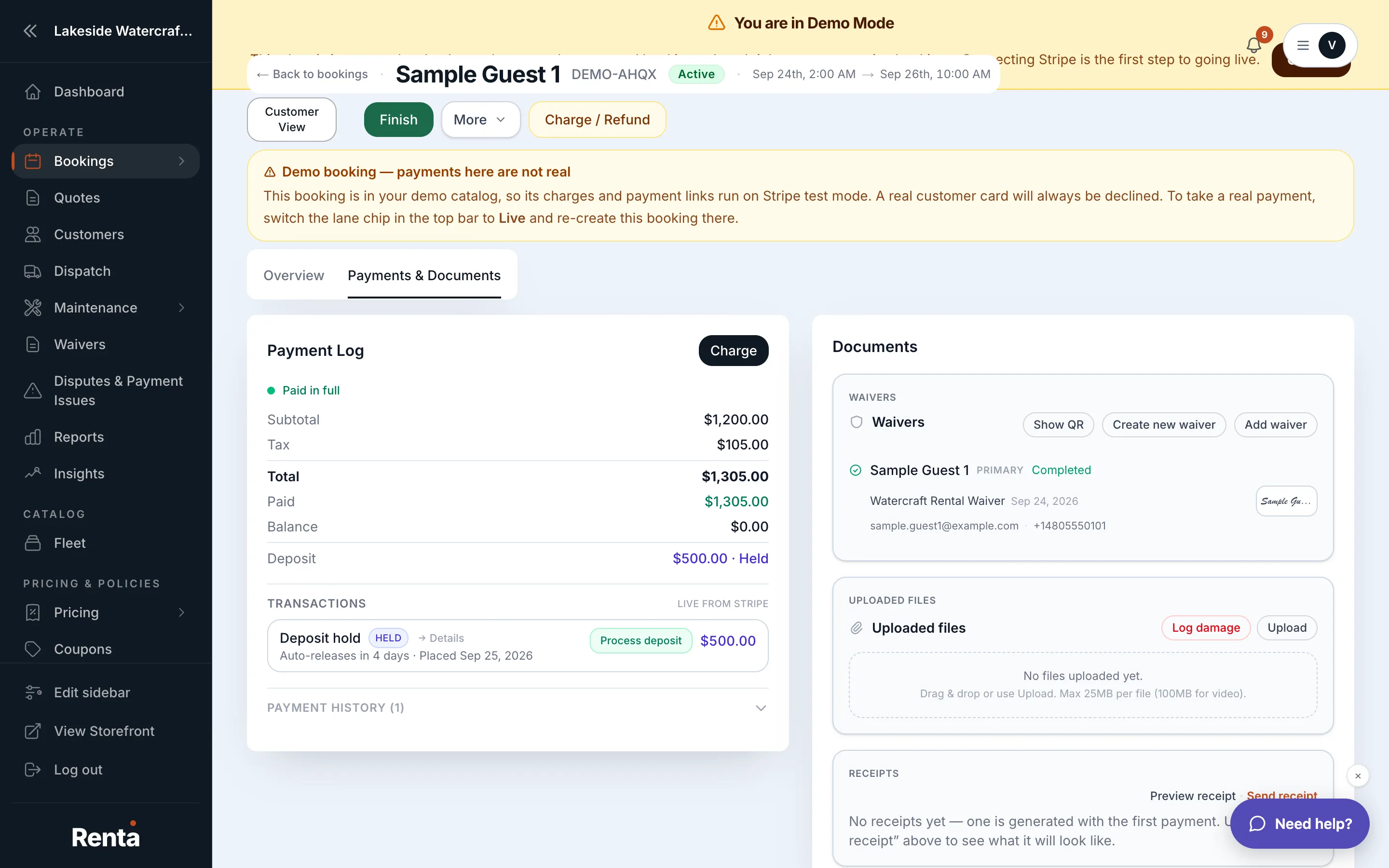 The Payments & Documents tab showing payment history and waivers