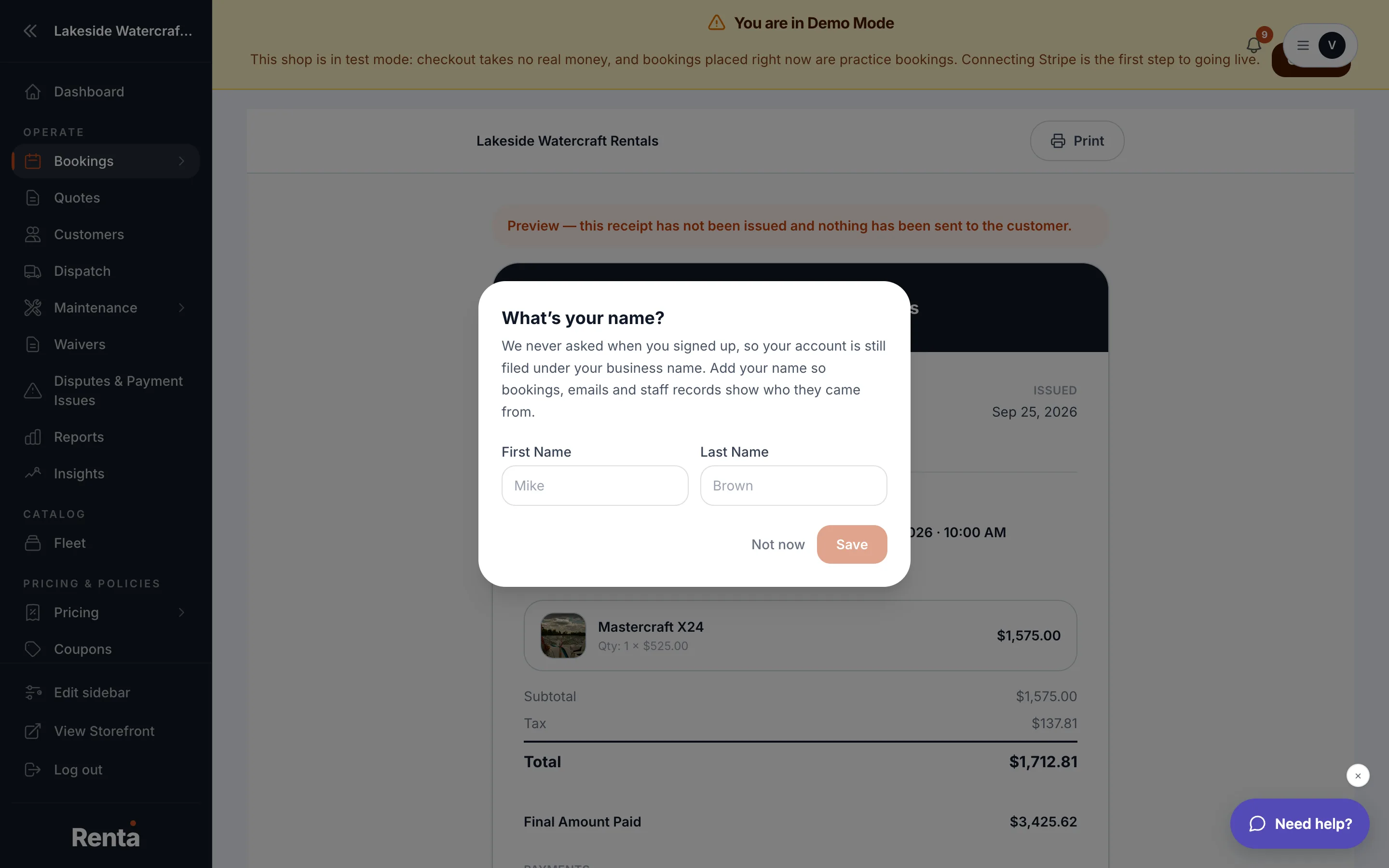 The receipt preview page for a booking