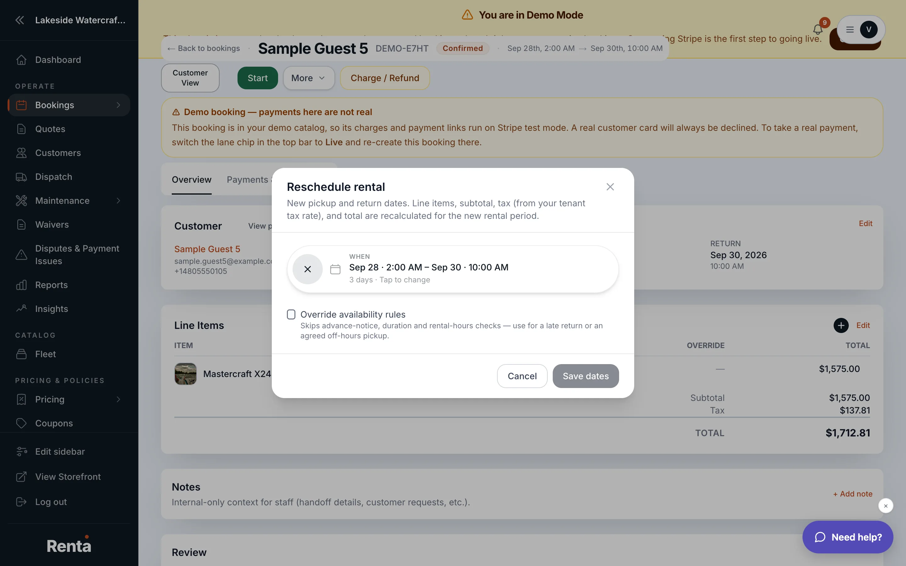 The Reschedule rental modal with new dates and pricing preview