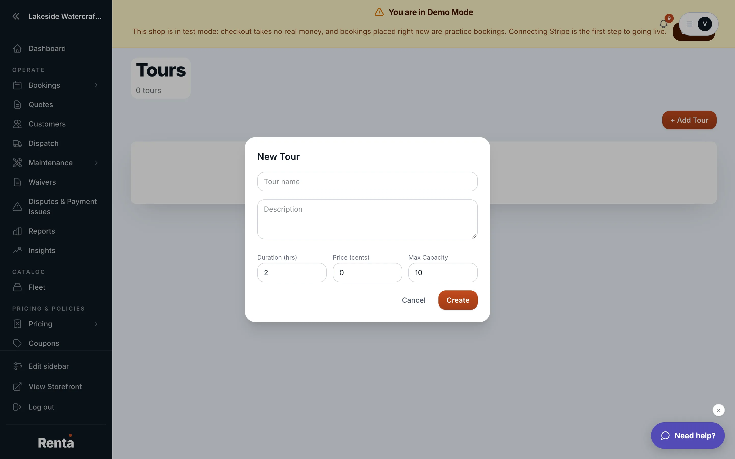 The Tours page with the New Tour form