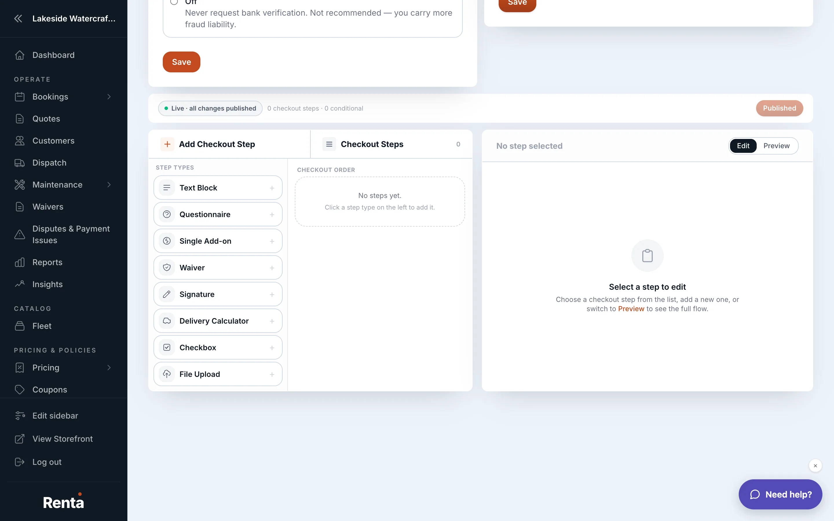 The Checkout Flow Builder, showing a list of blocks