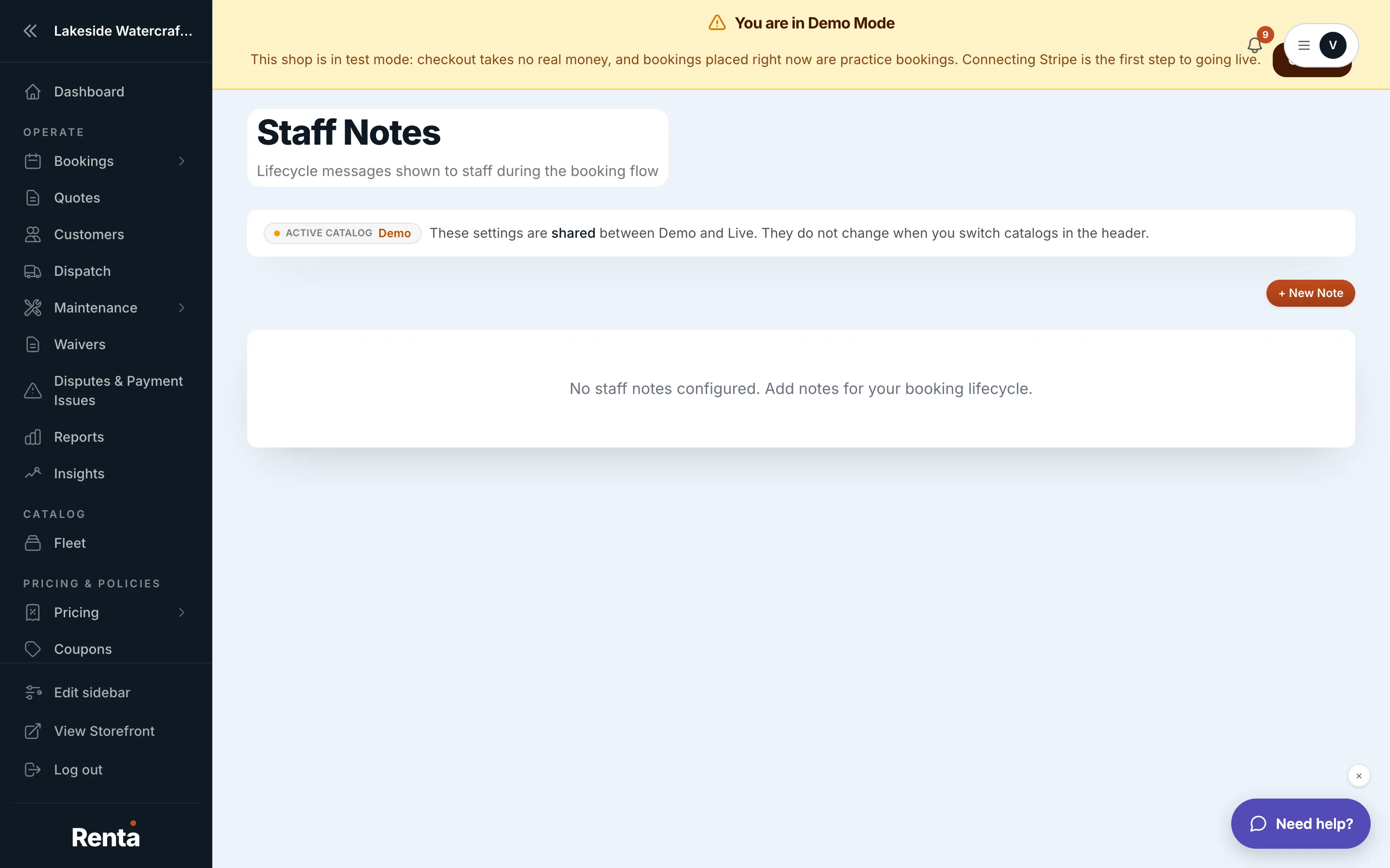 The Staff Notes settings page, showing the note list and editor