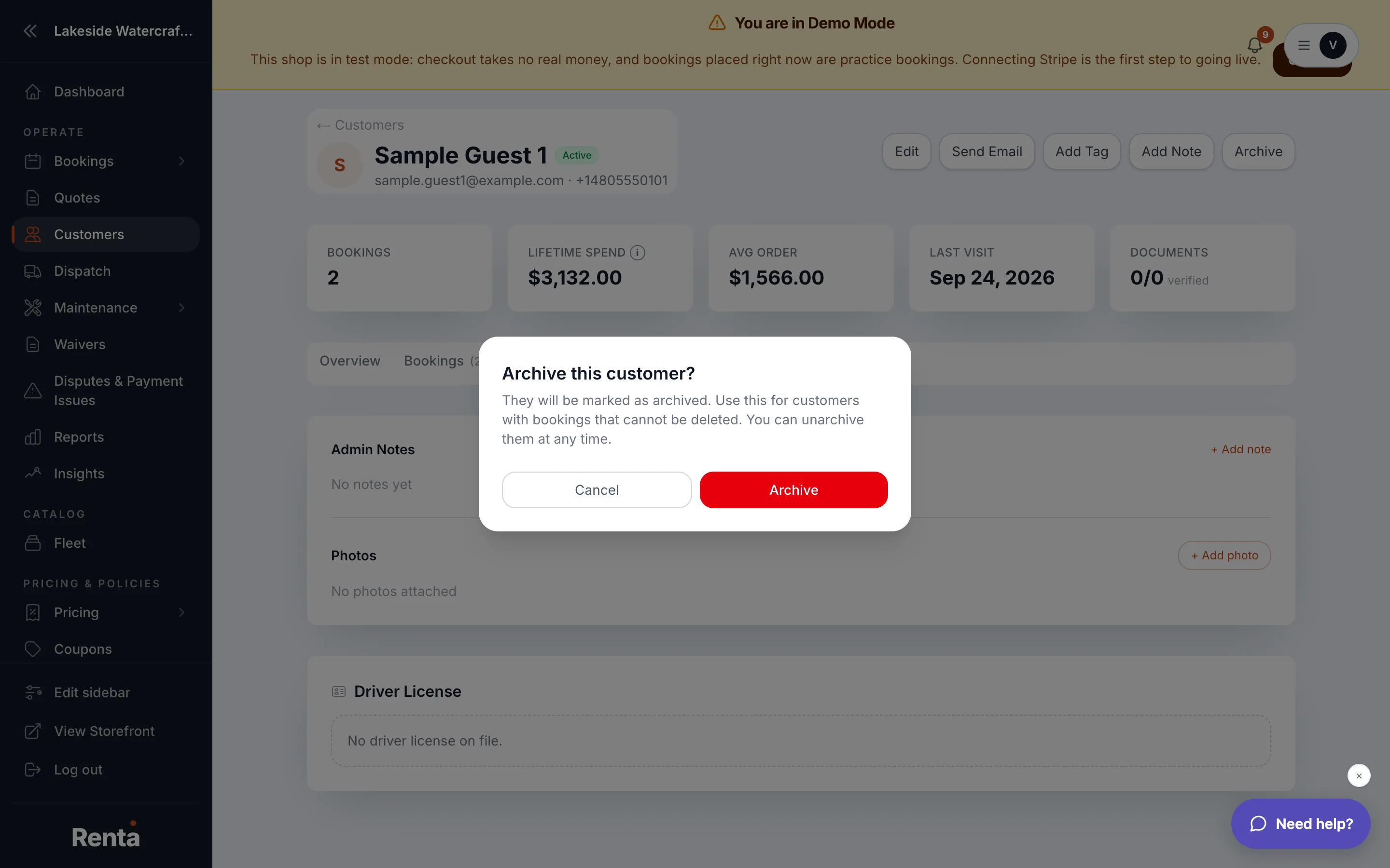 The confirmation dialog for archiving a customer