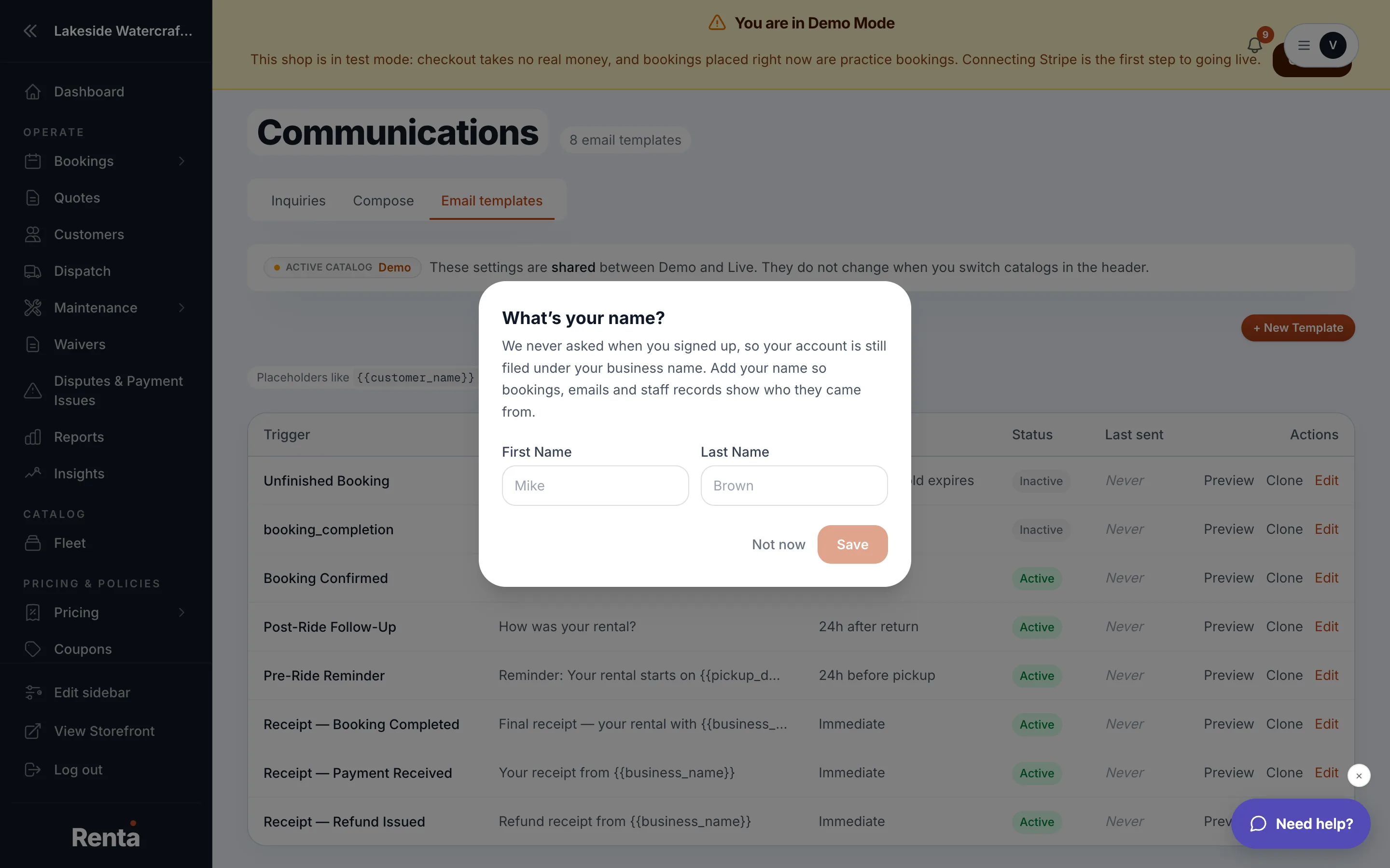 The email template list with trigger, subject, and Active toggle