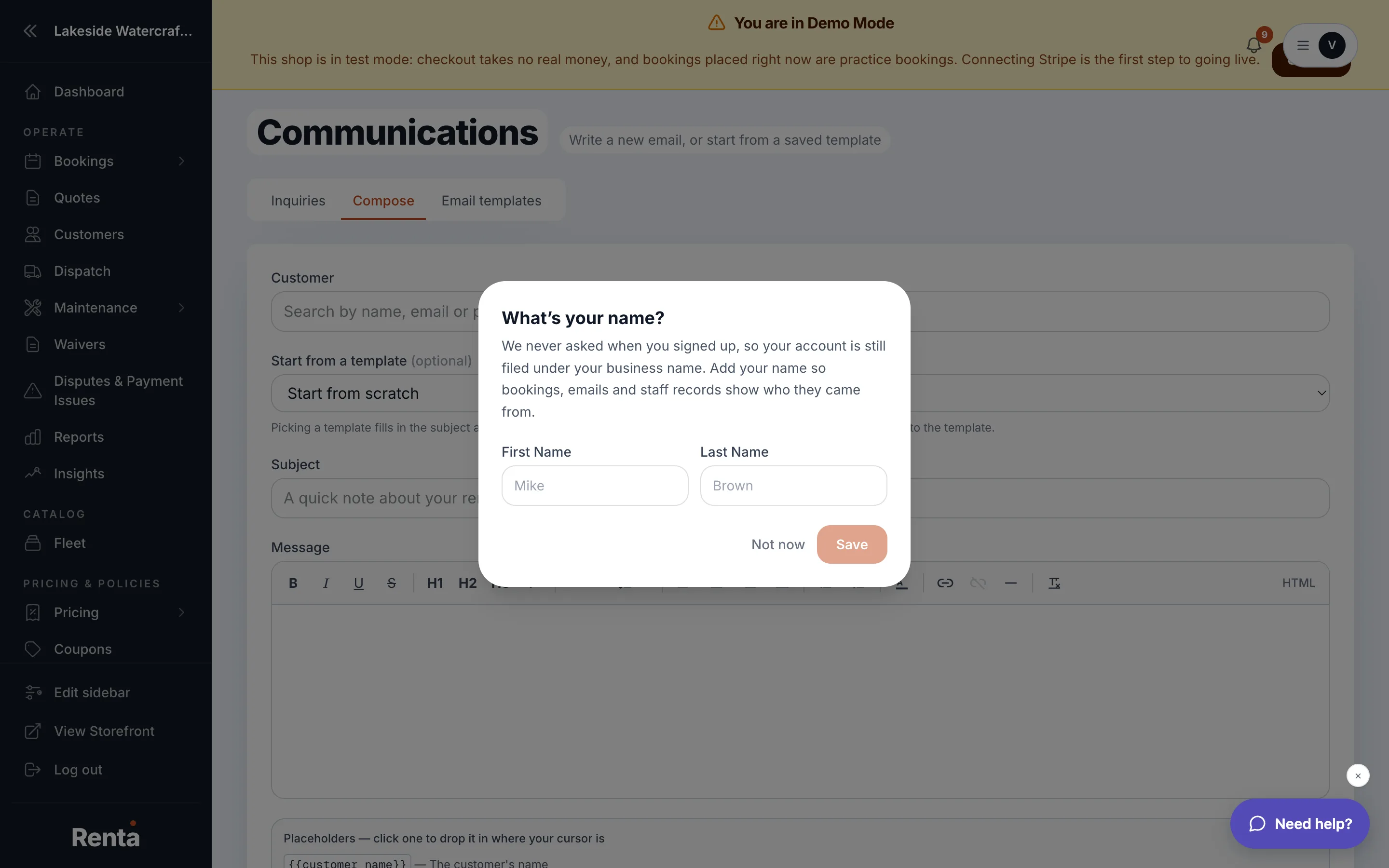 The Compose email screen with template selector, customer picker, and body