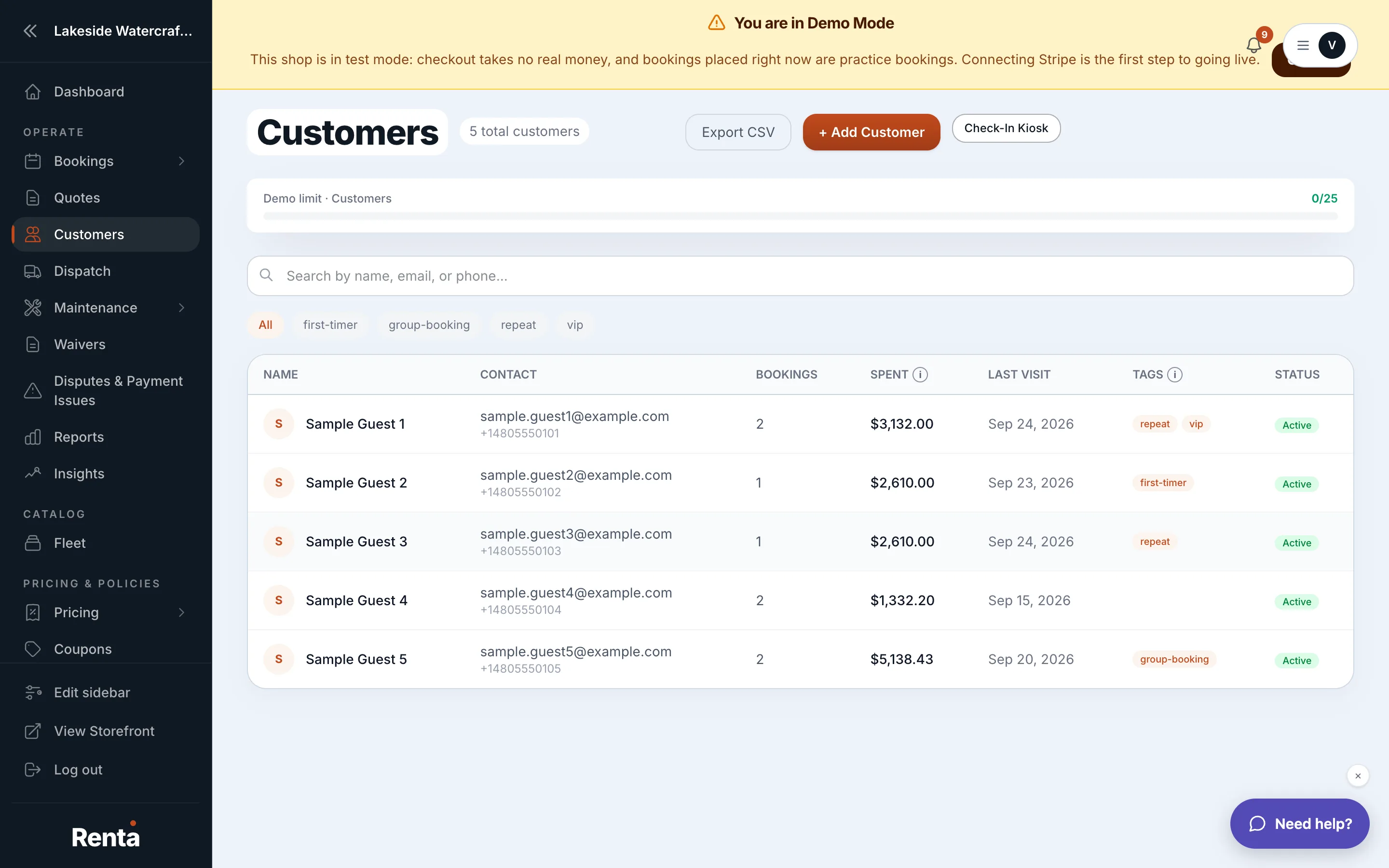 The Customers list with the search box, tag filter, and sortable columns