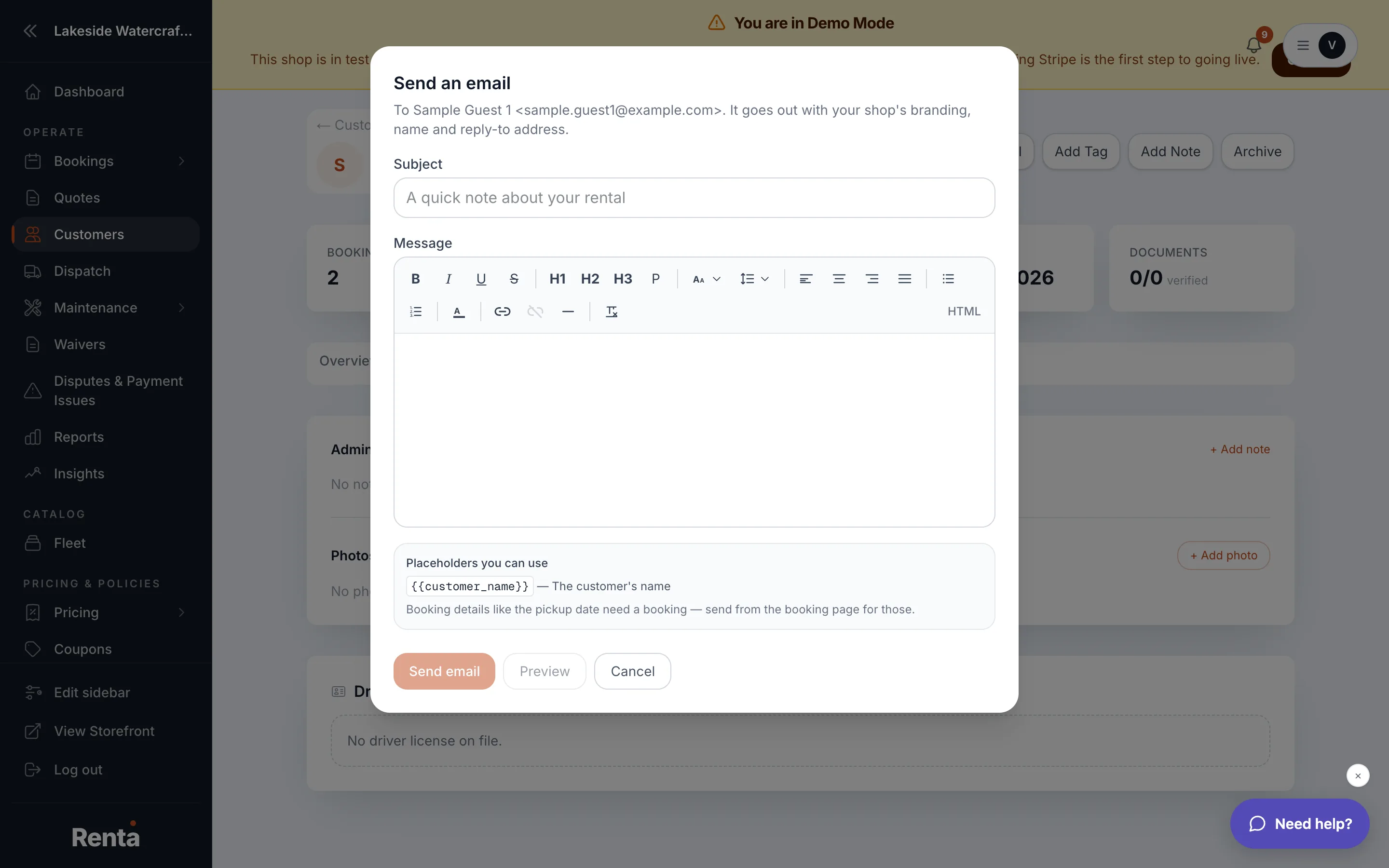The Send an email window with subject, body, and preview