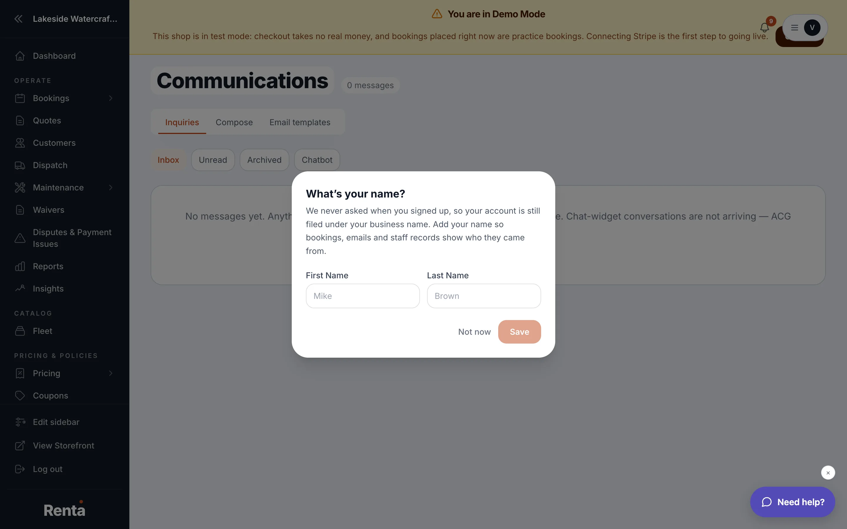 The Communications inbox showing the Inbox, Unread, Archived, and Chatbot tabs