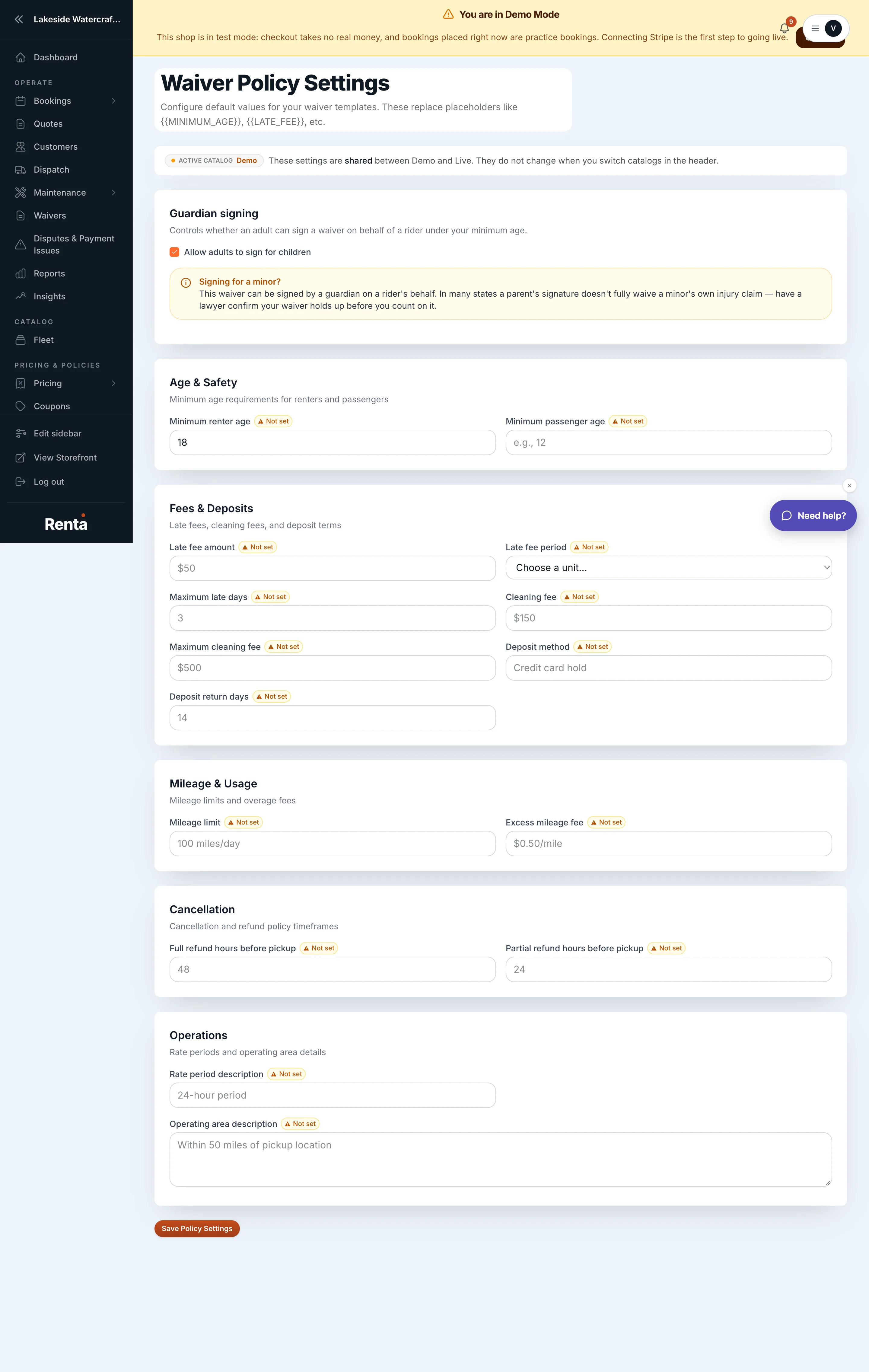 The Waiver Policy page with Age & Safety and Fees & Deposits sections