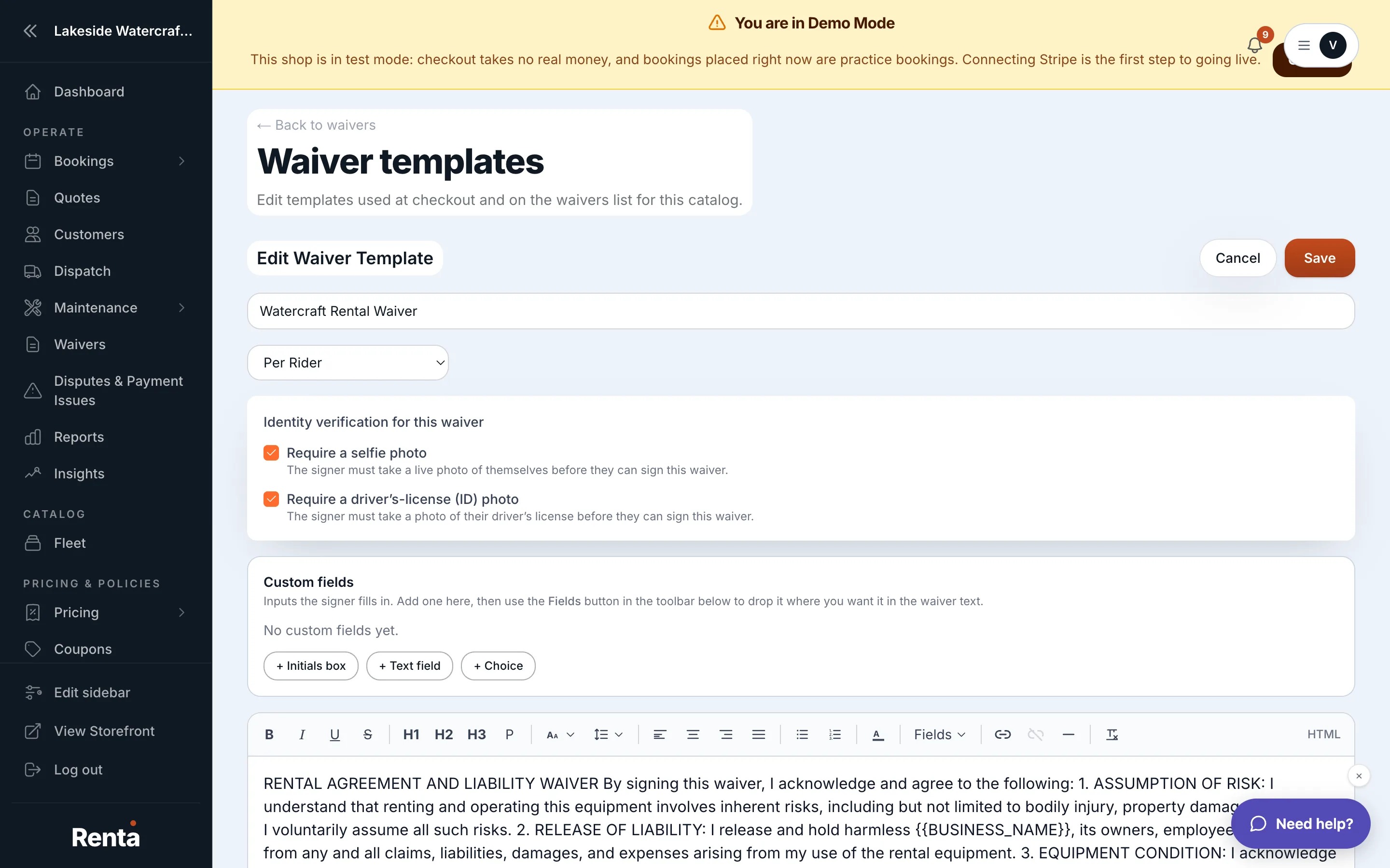 The waiver template editor with name, trigger, and body fields