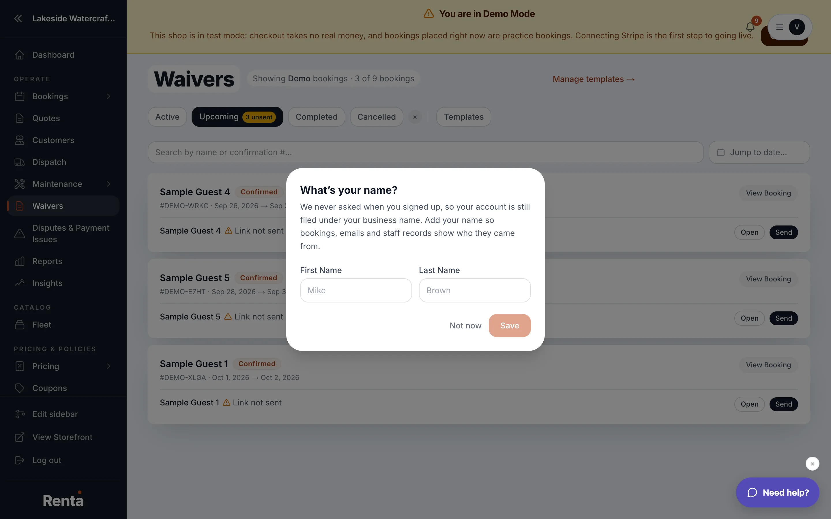 The Waivers page with the Upcoming tab and unsent-waiver badge
