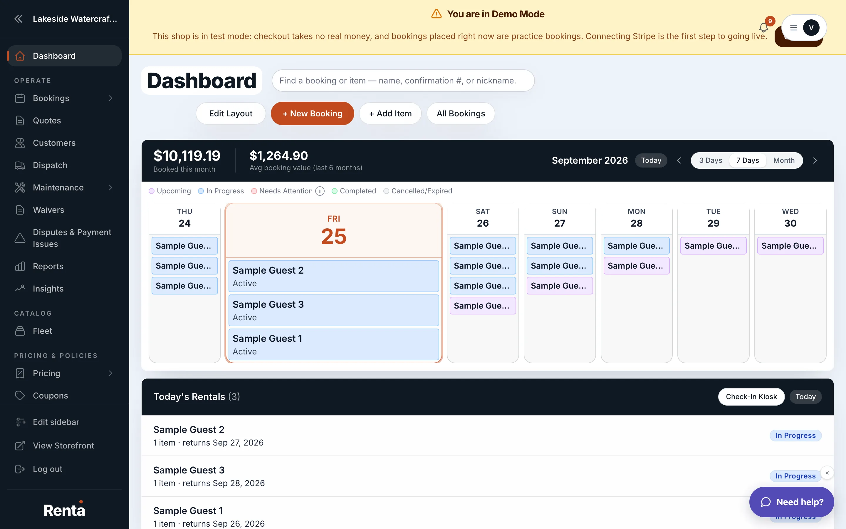 The main dashboard with Today's Rentals, Deliveries Today, and the Booking Statuses chart