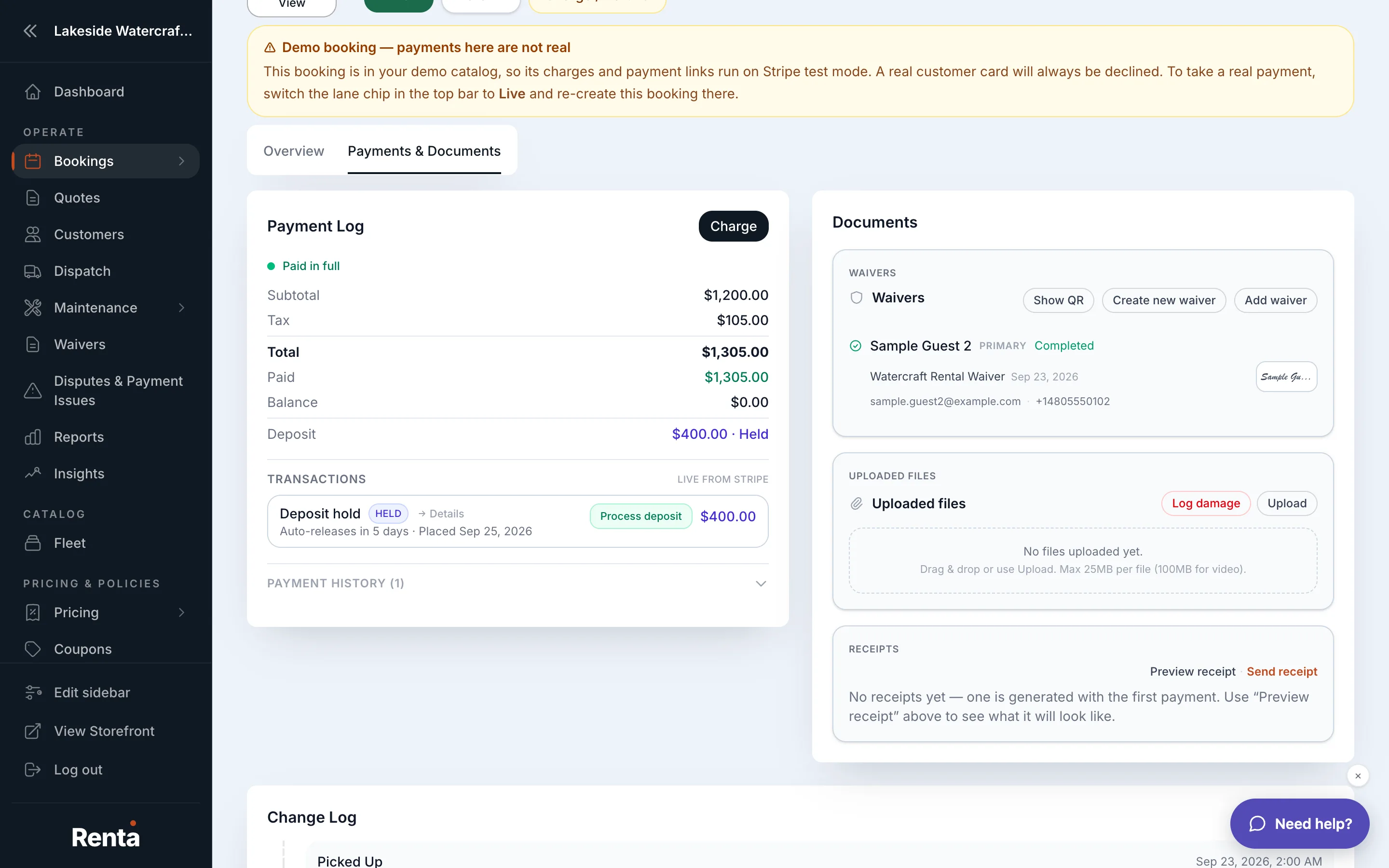 A booking's deposit hold amount shown on the booking detail page