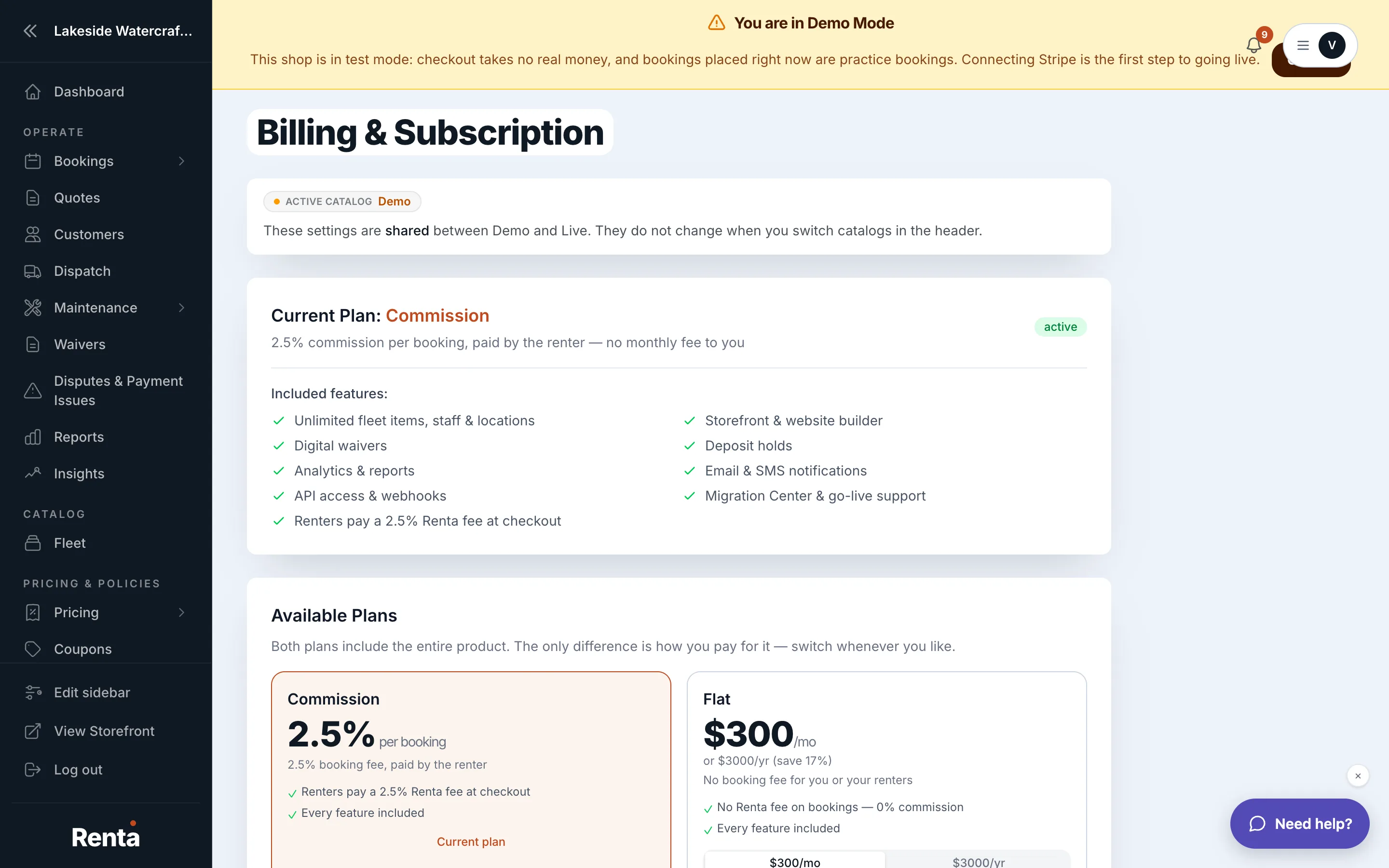 The Billing page's Current Plan card showing plan name and billing amount