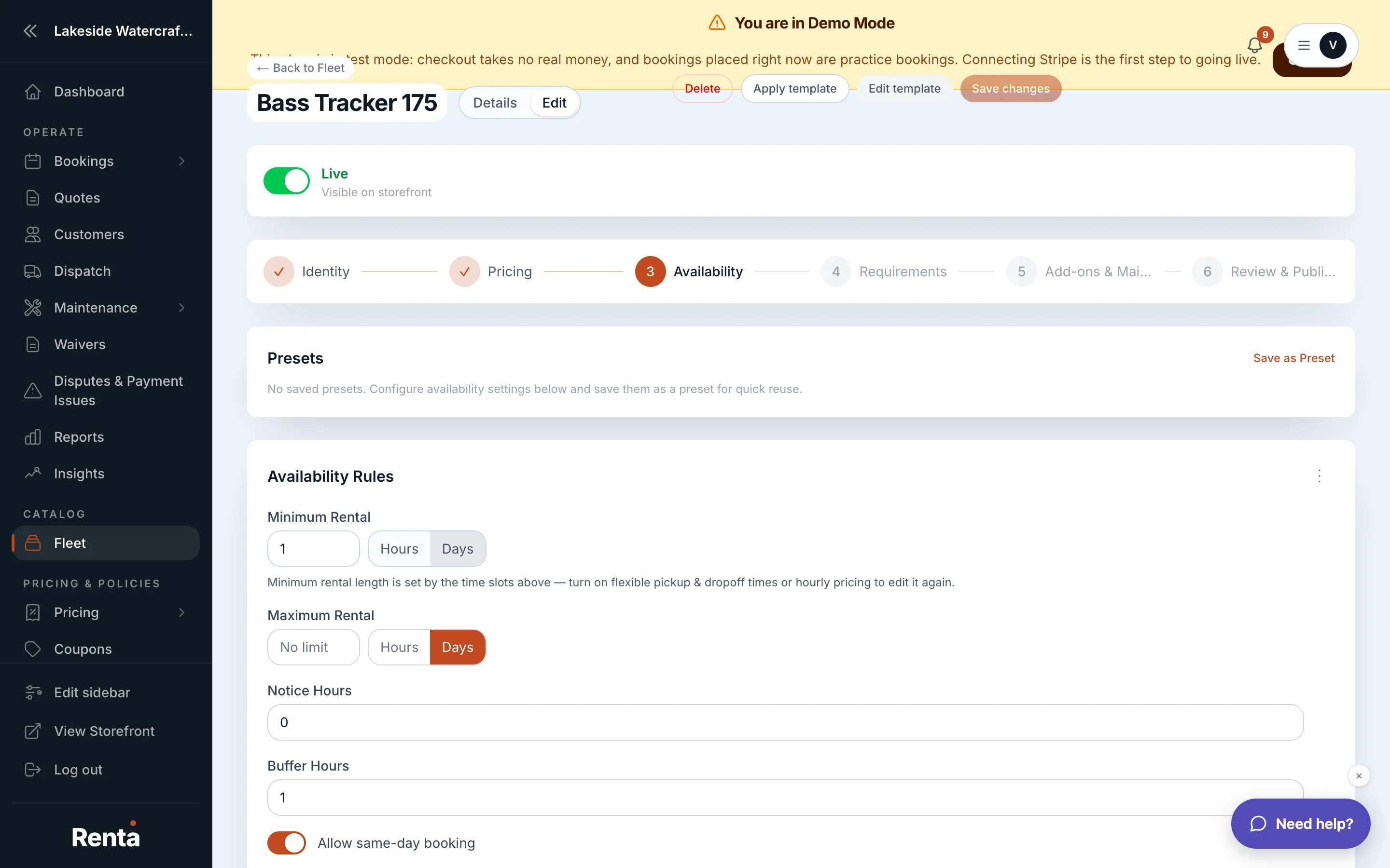 Buffer Between Rentals, Advance Notice, and Same-Day Booking on the Availability tab