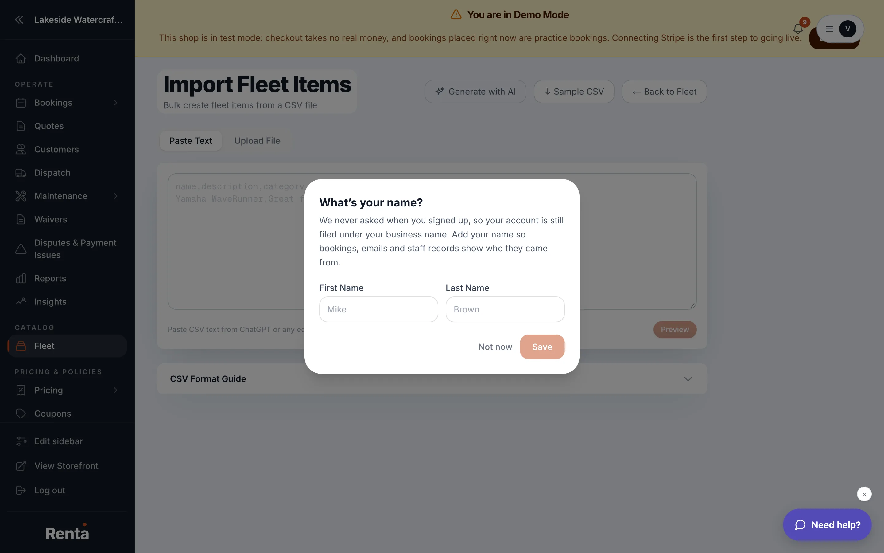The CSV import upload step