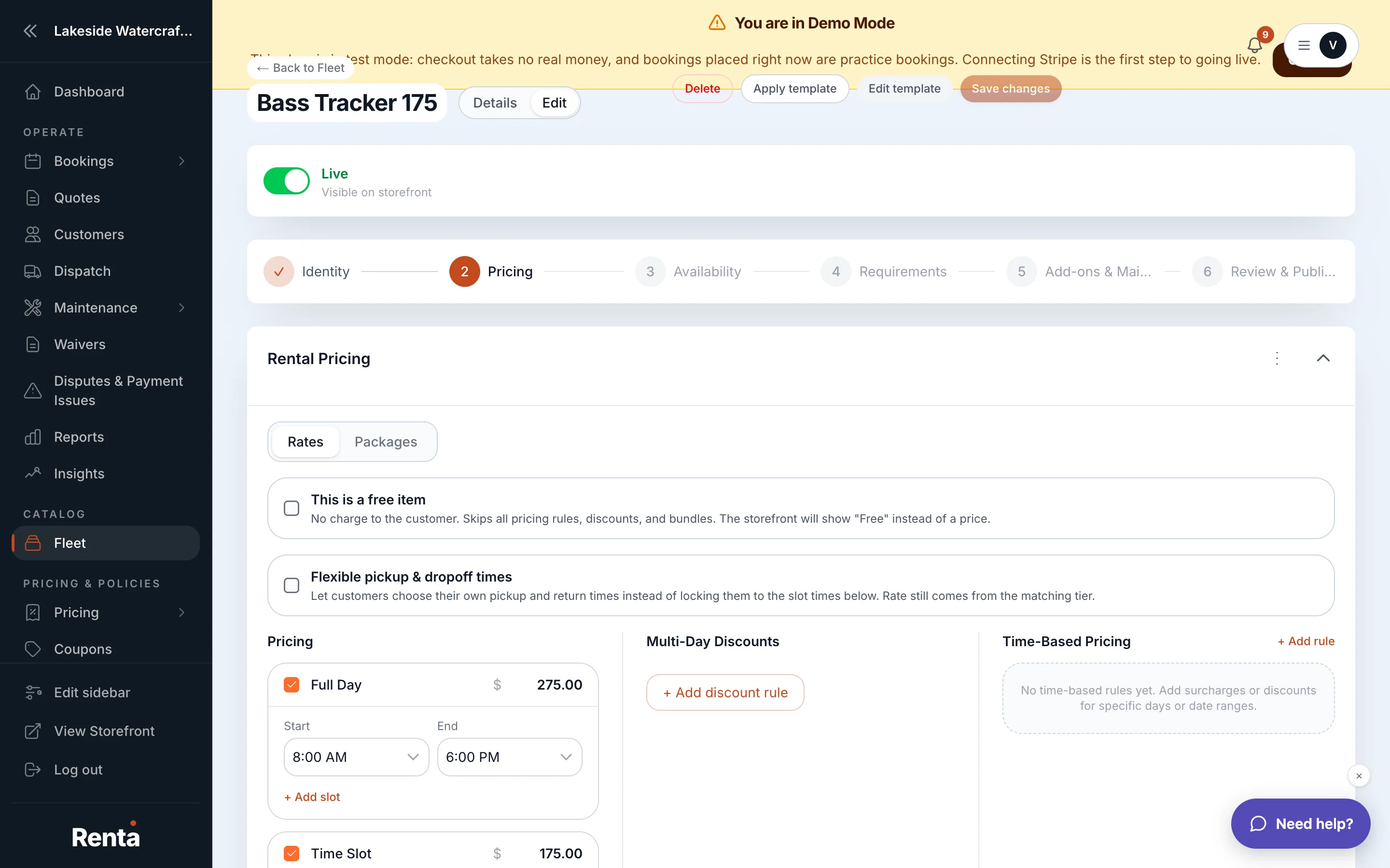 Multi-Day Discount rows on the Pricing tab