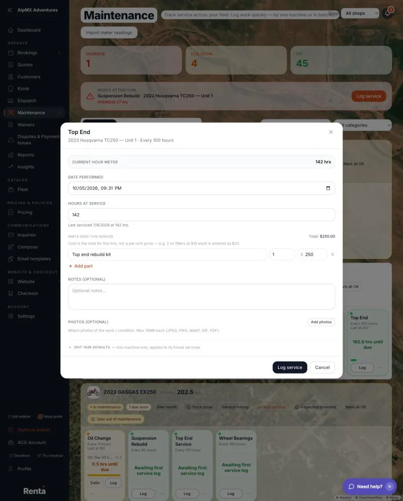The Log service window with the date, meter reading, parts and notes fields