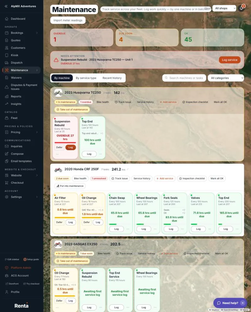 The Maintenance screen on the By machine view, with the Overdue, Due Soon and OK tiles above the machine cards