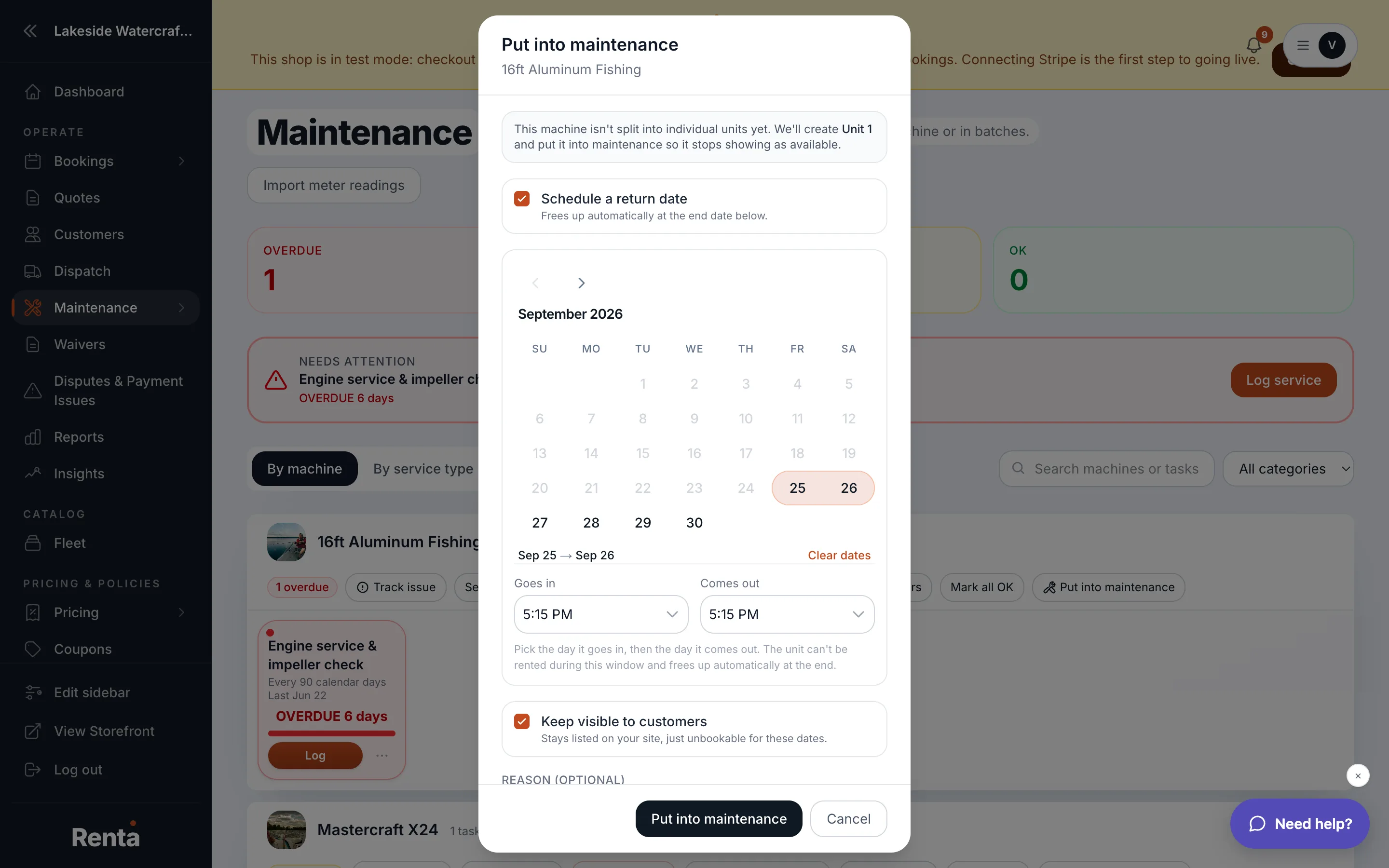 The Put into Maintenance dialog, with the storefront-visibility checkbox