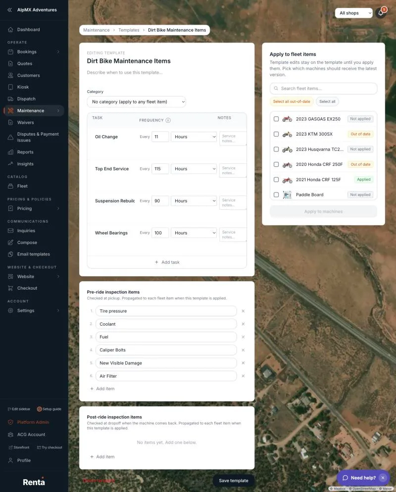 The template editor with its task table and the Apply to fleet items panel
