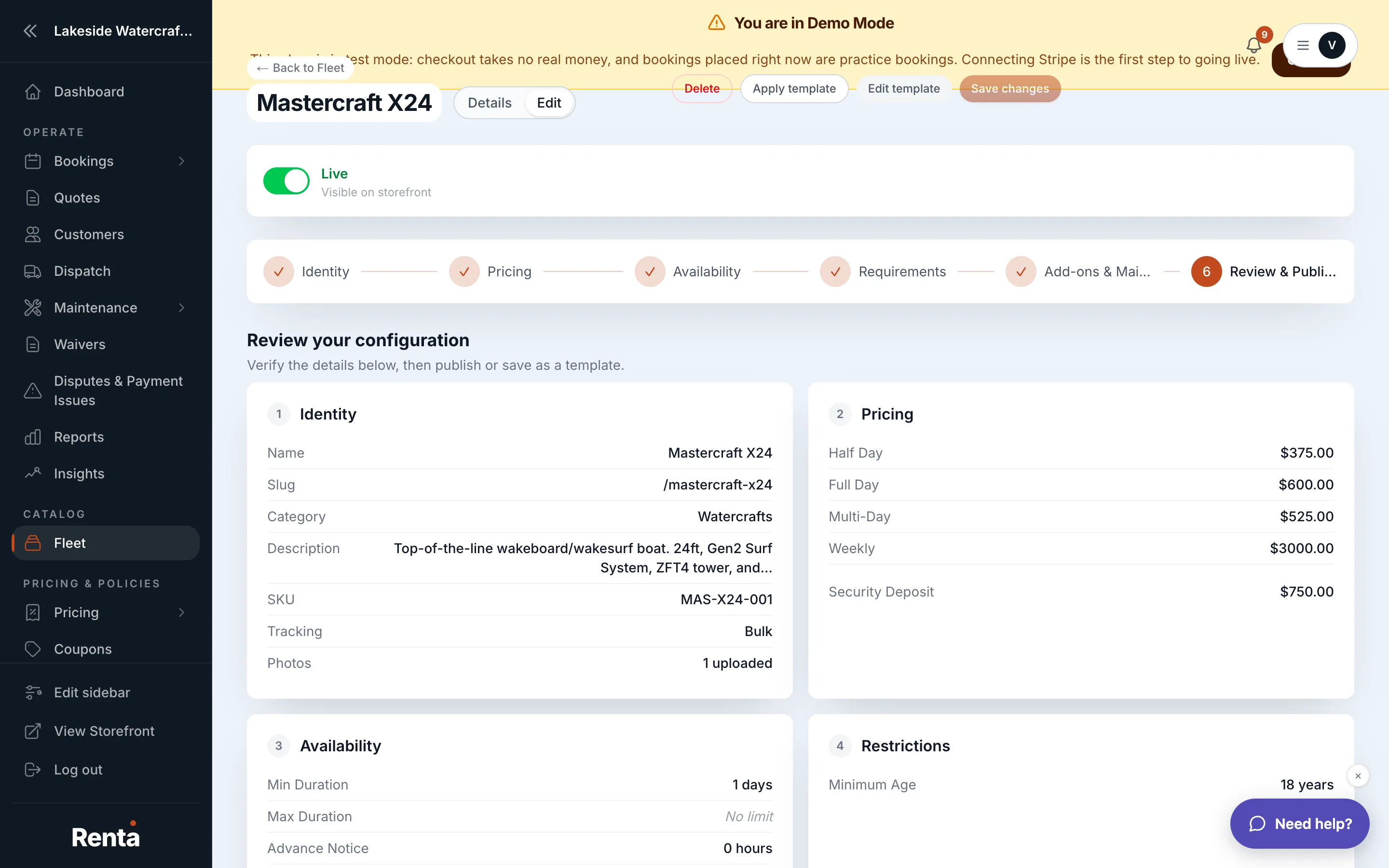 Review & Publish tab with Live/Draft toggle