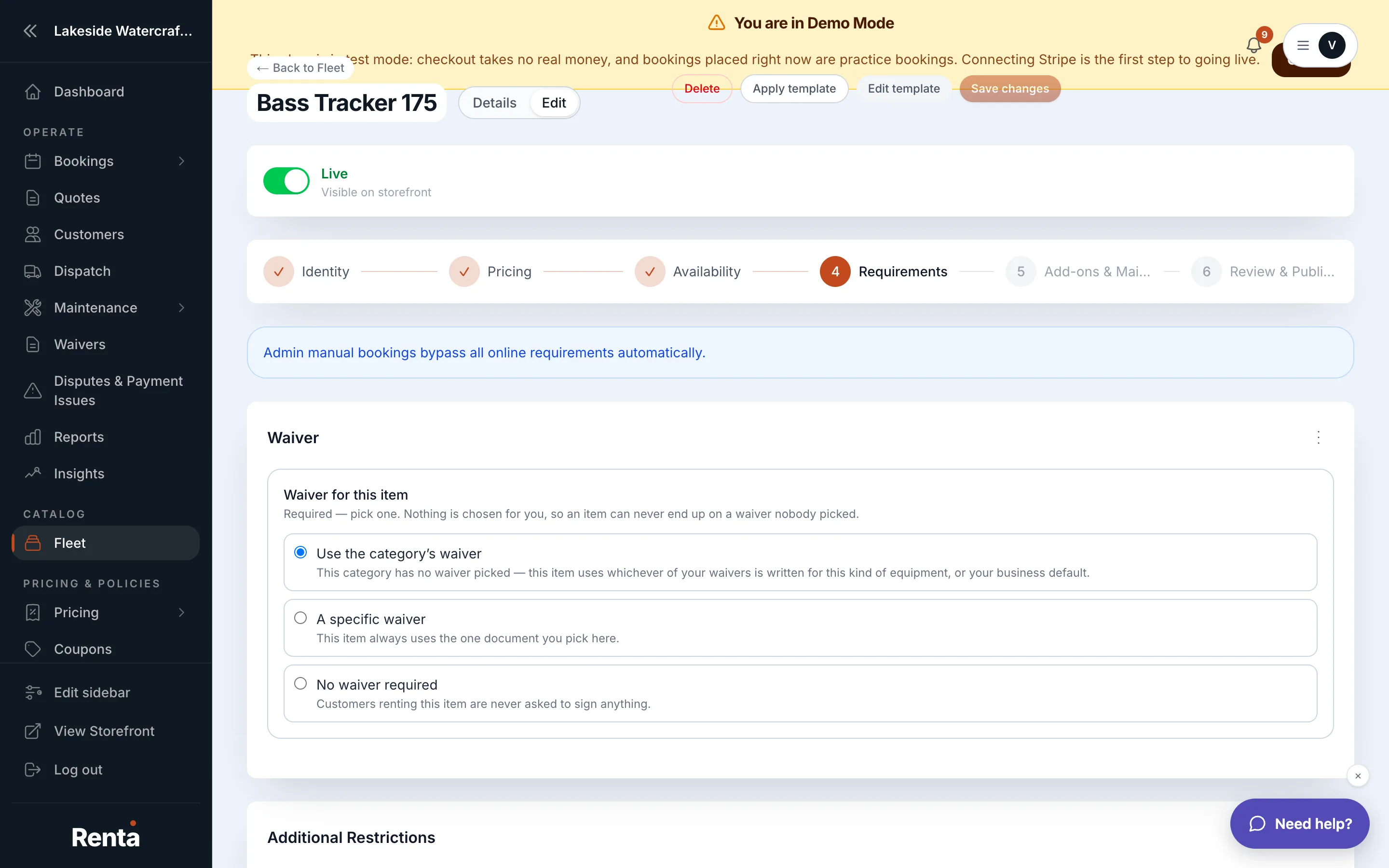 Requirement rows and the Signed Waiver dropdown