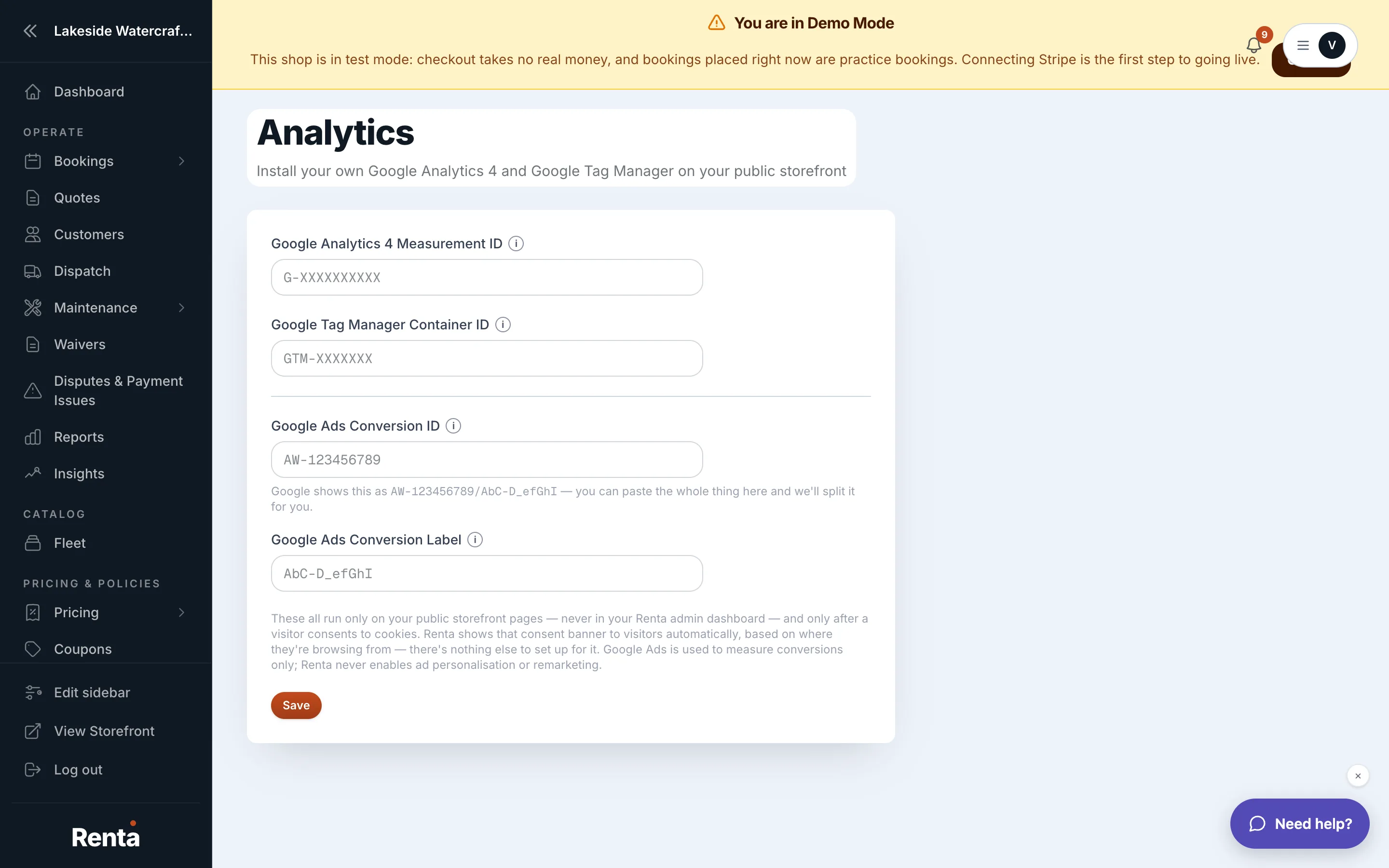 The Analytics settings page with the GA4 property ID field