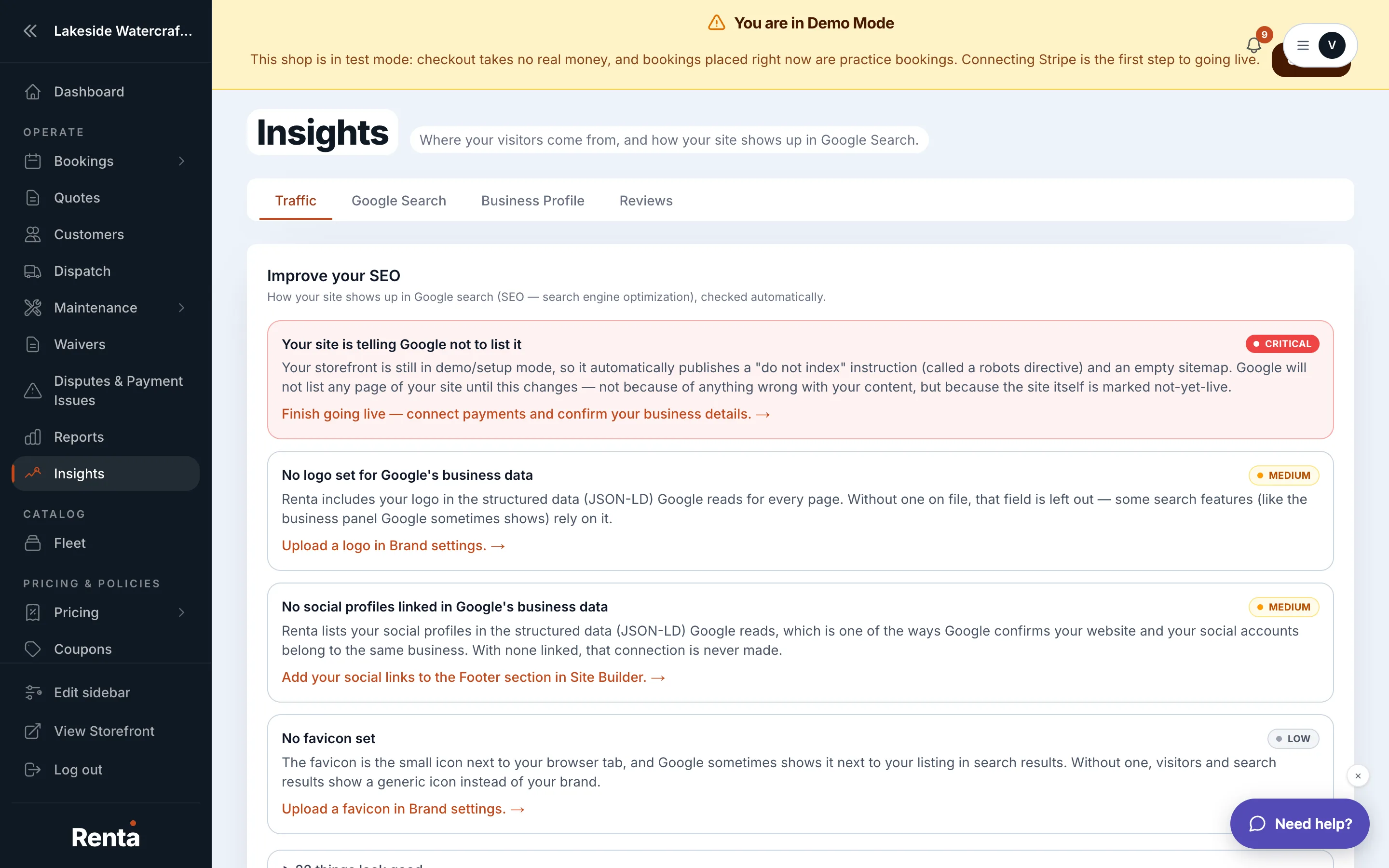 The SEO advisor section's findings list, on the Traffic tab