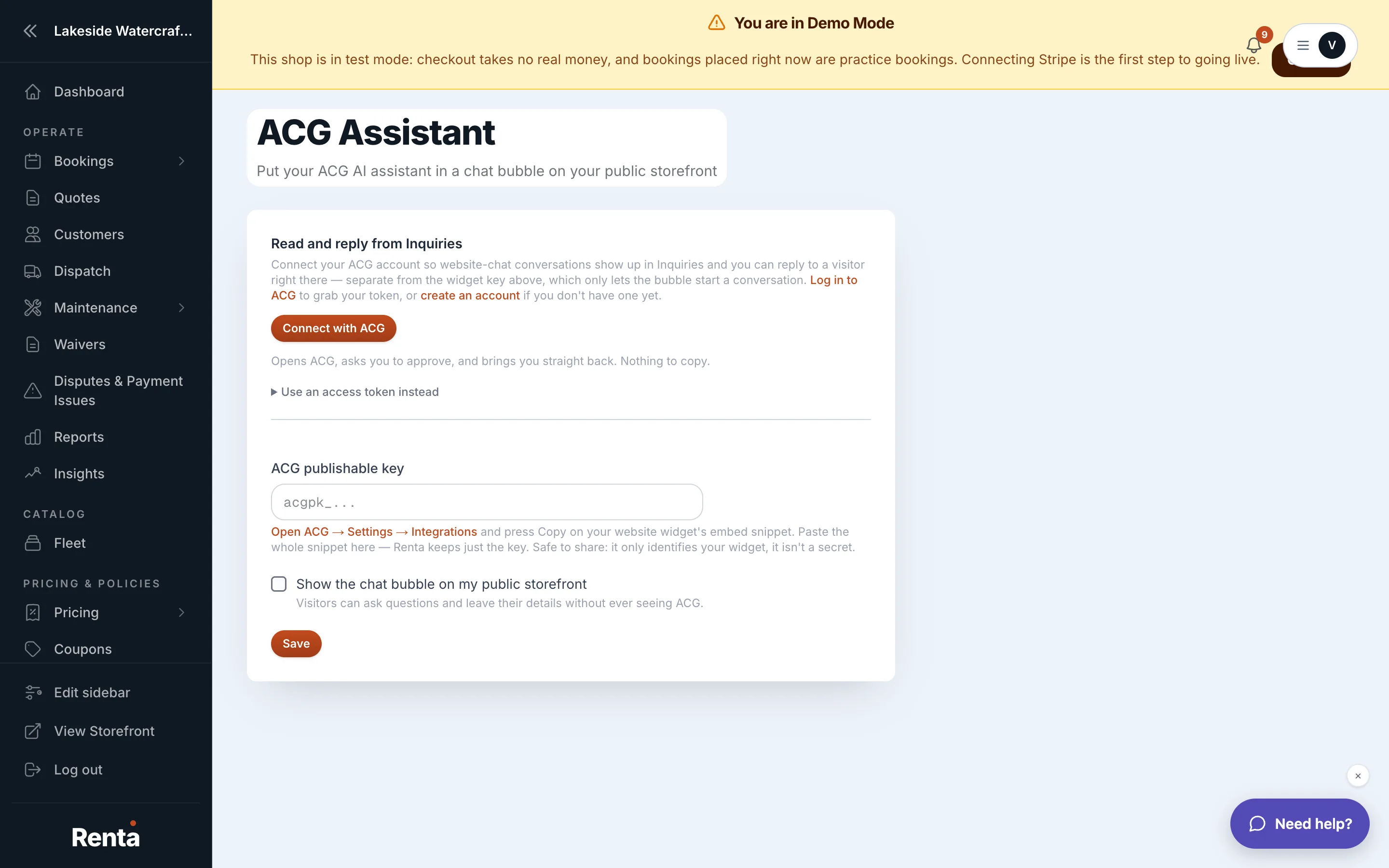 The ACG Assistant page with Connect with ACG button and Enable widget toggle