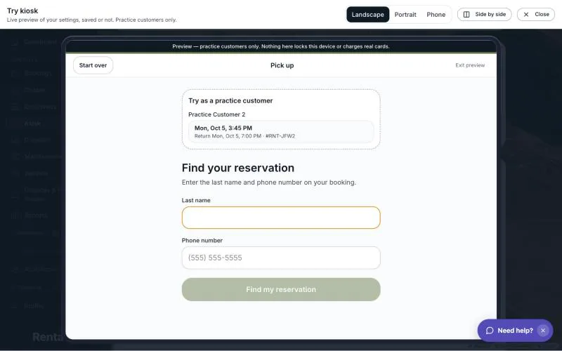 The Try as a practice customer list on the preview's Pick up screen