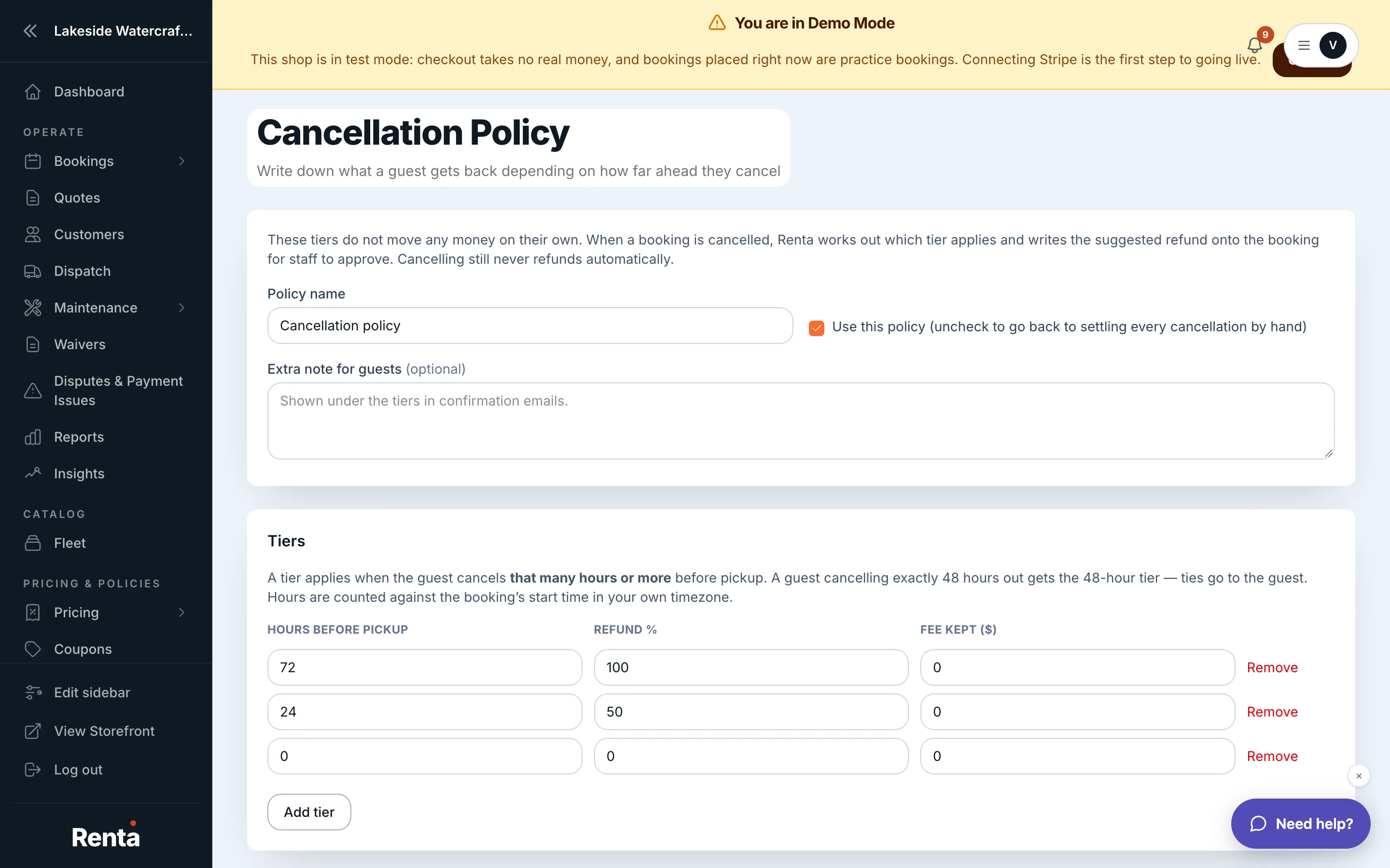 The Cancellation Policy card, showing refund tiers