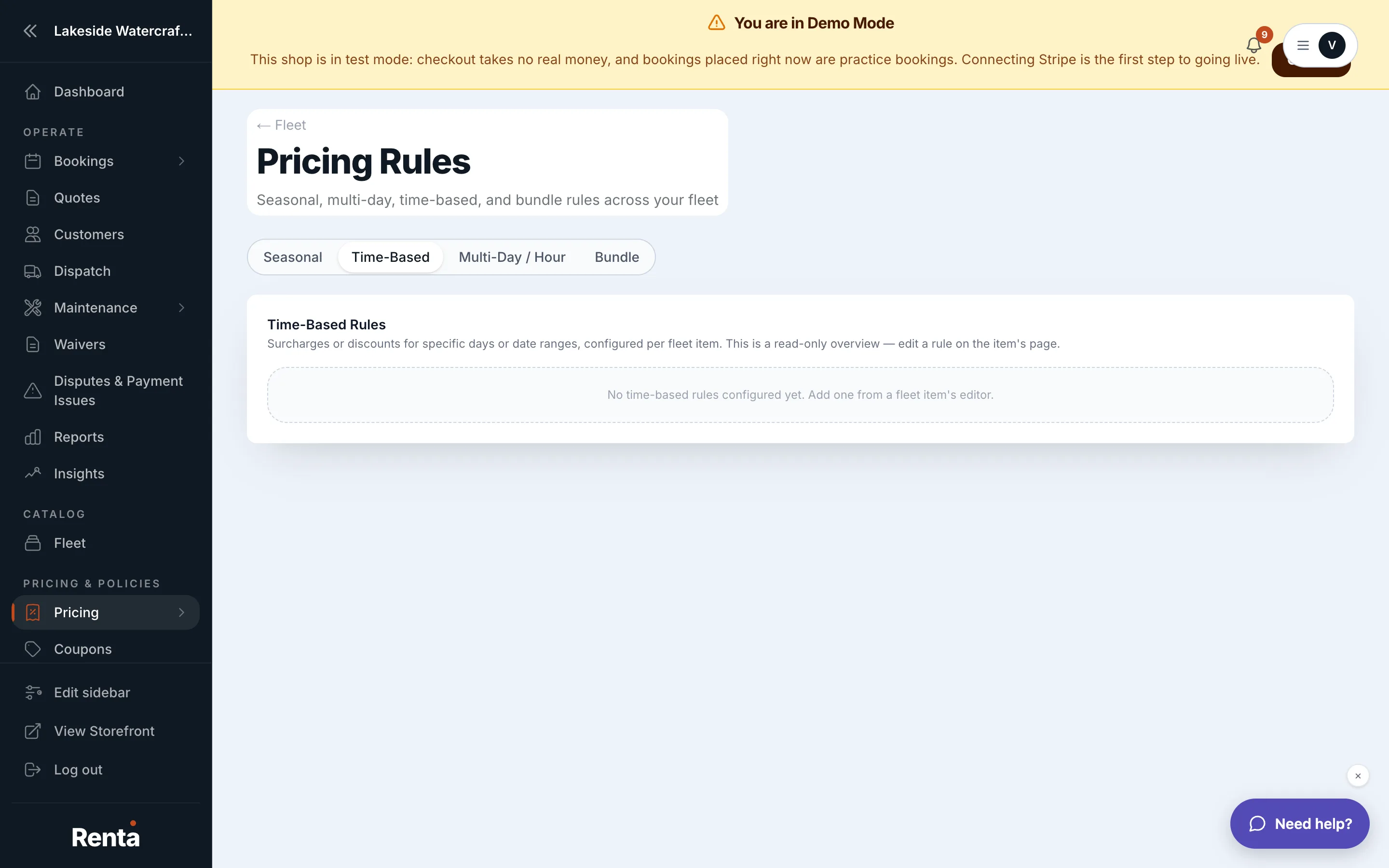 The Time-Based tab, showing rules by fleet item