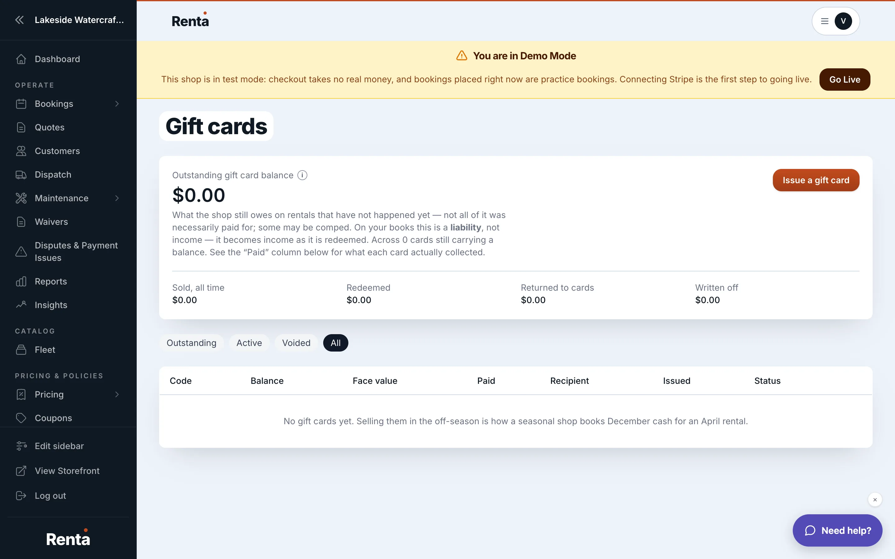 The Gift Cards table with the liability summary