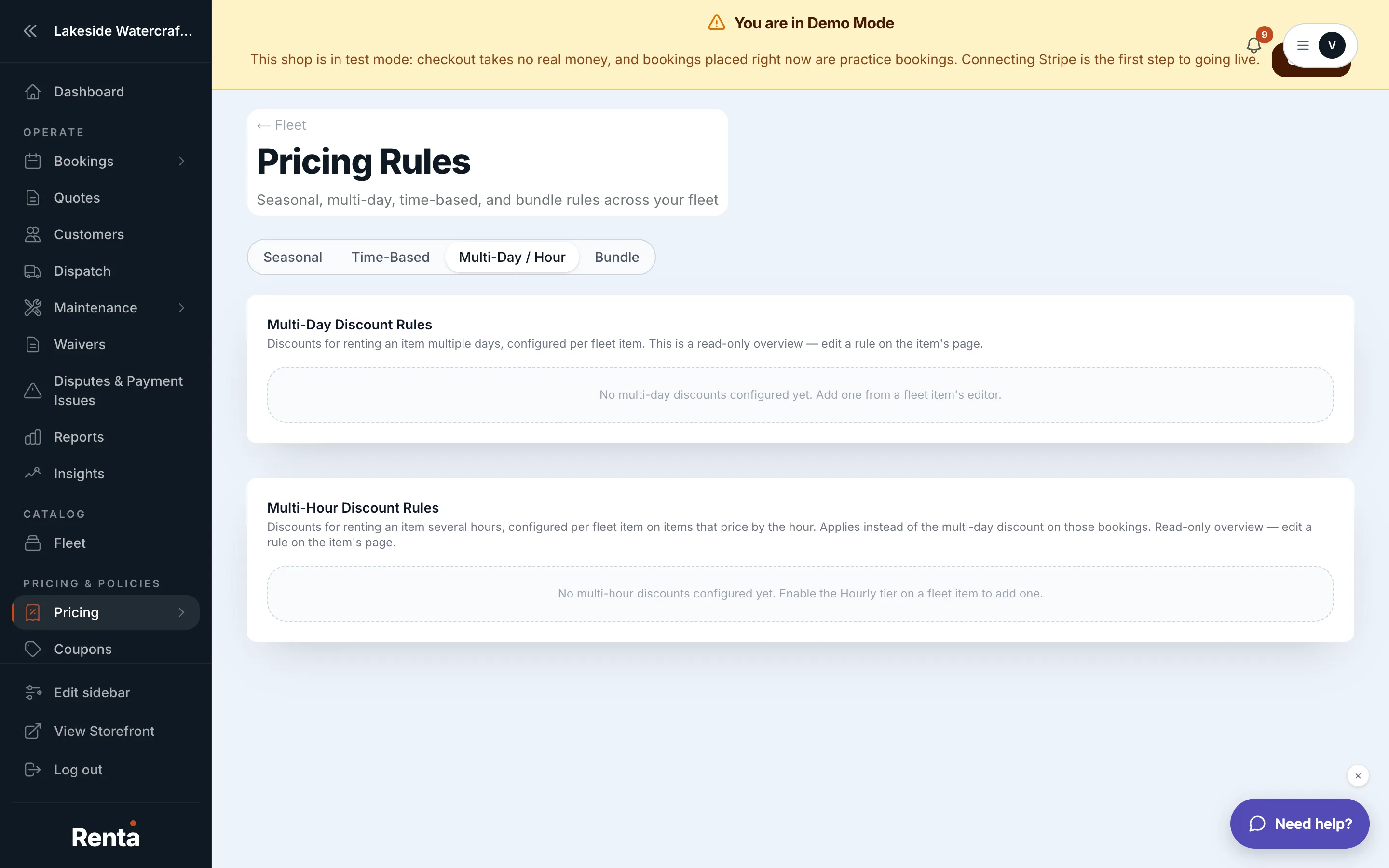 The Multi-Day / Hour tab, listing every item's duration discount