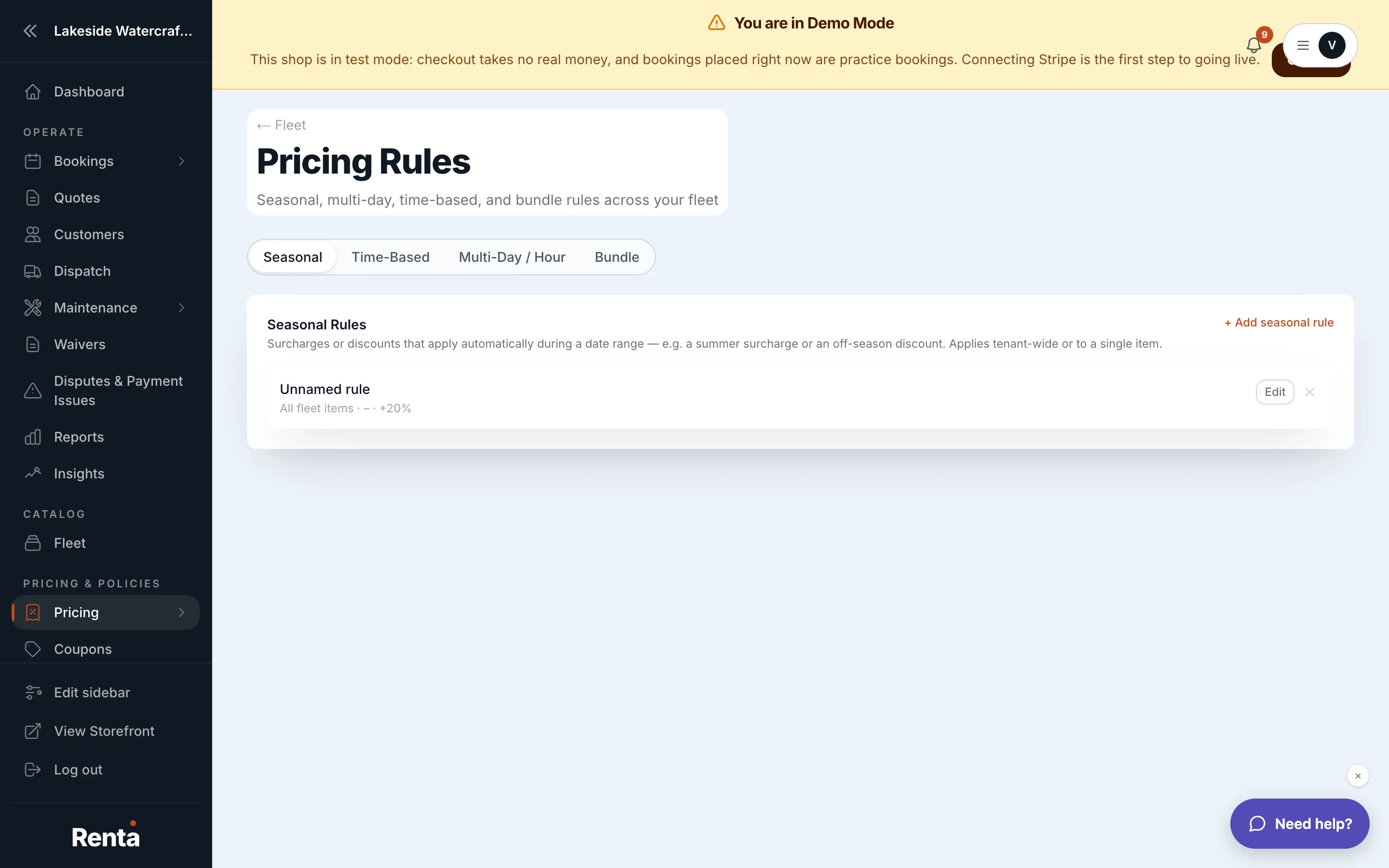 The Seasonal tab in Pricing Rules