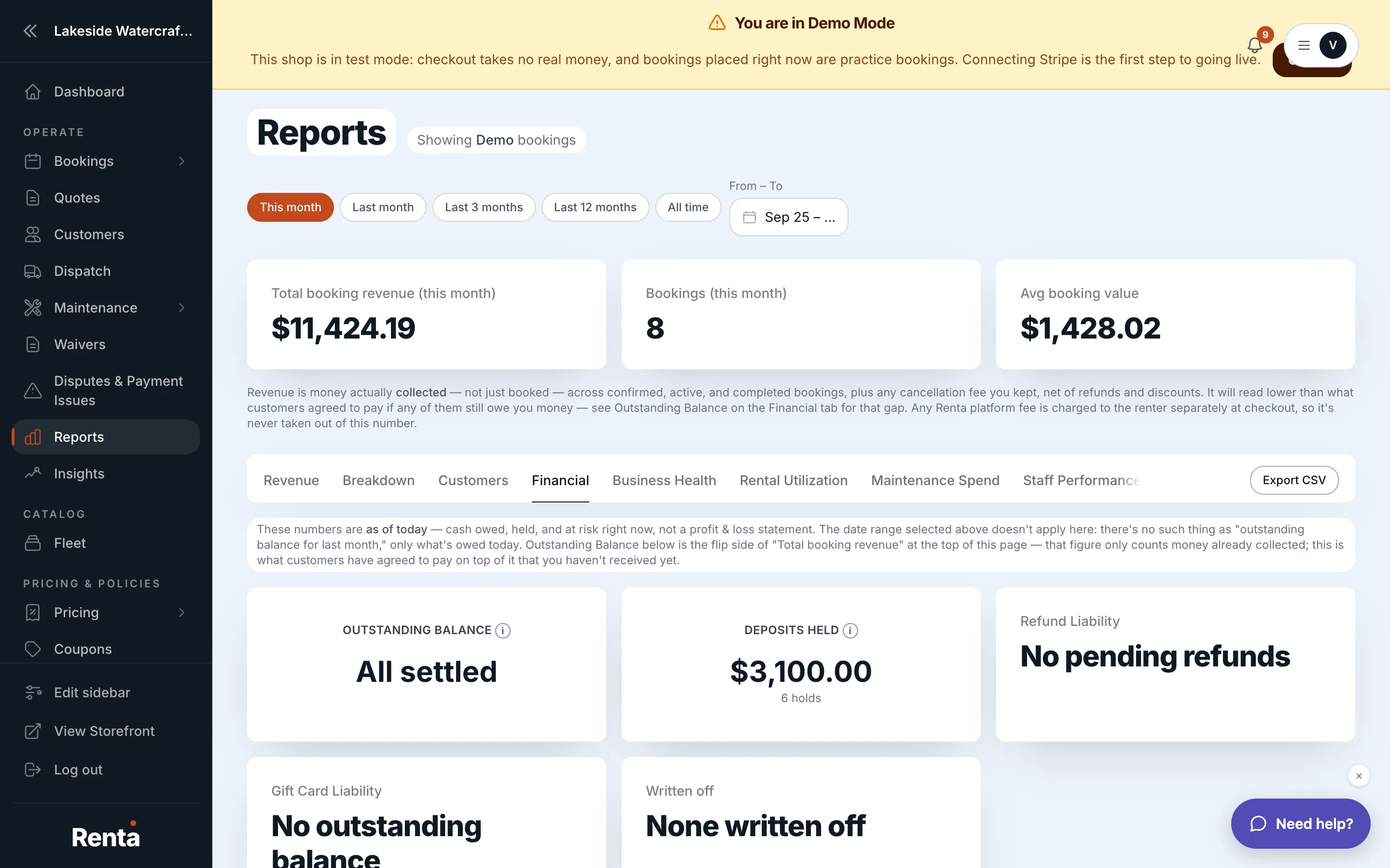 The Financial tab's stat cards for the current month