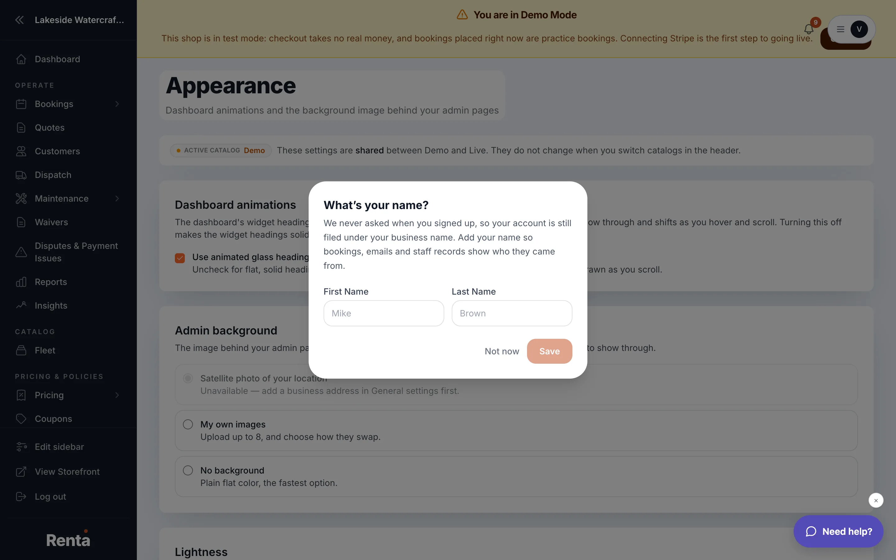 The Appearance page with animation toggle and background image list