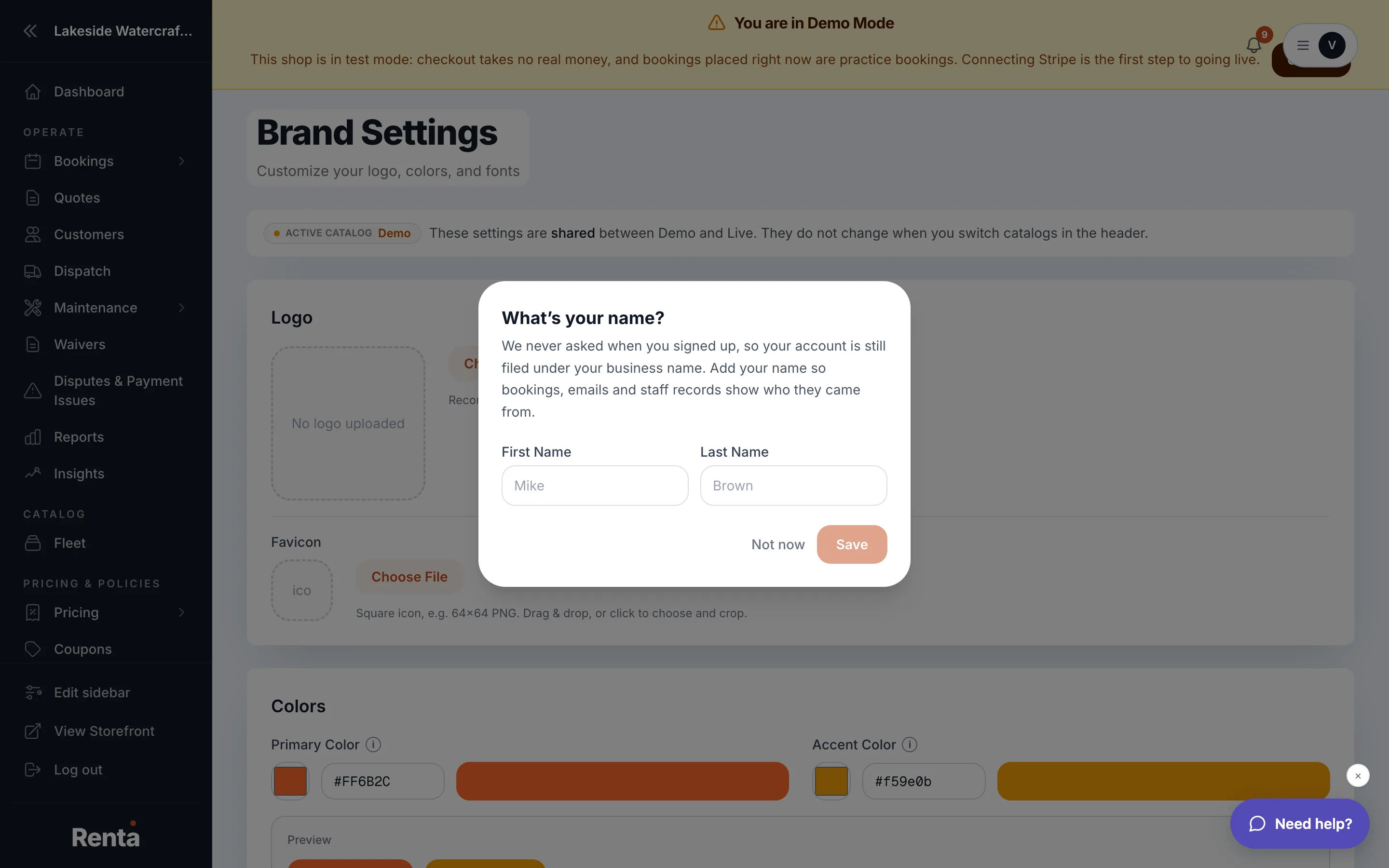 The Brand page showing Logo, Colors, and Typography sections