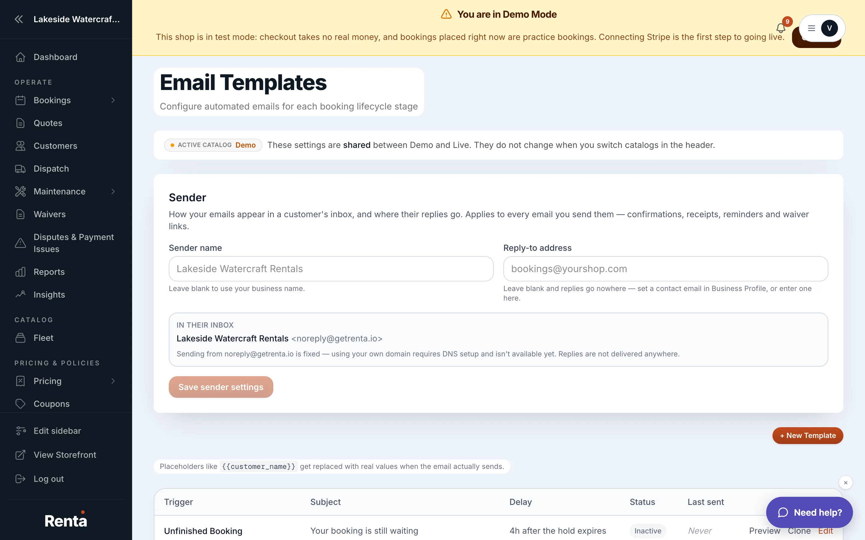 The Email templates section listing each template with its last-sent date