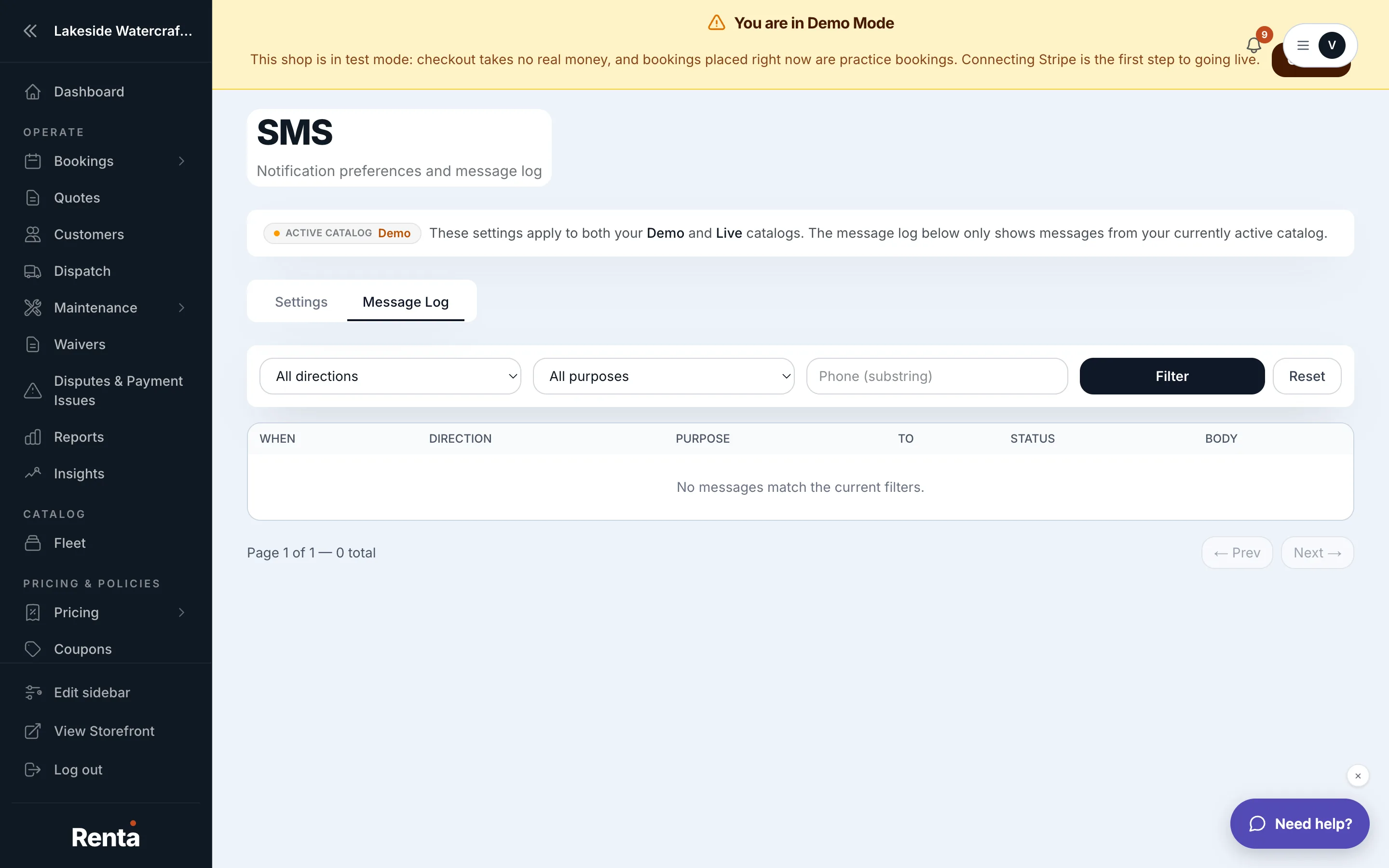 The Message Log tab showing direction, purpose, and status columns