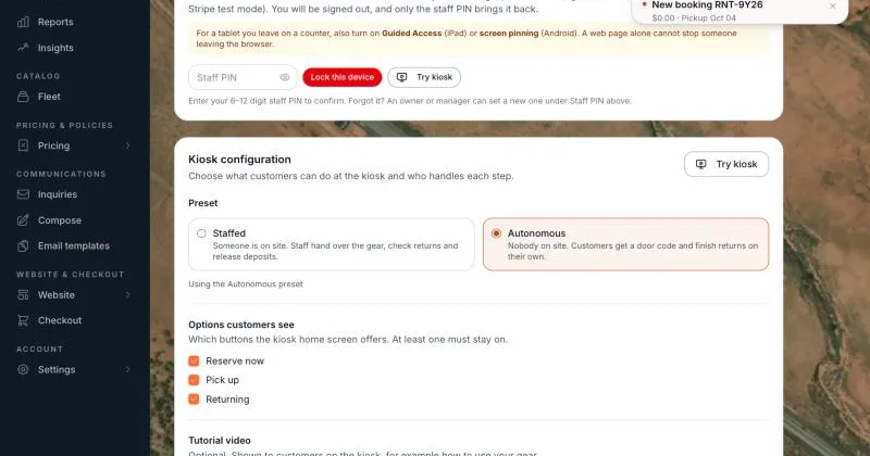 The notification bell open, showing a new booking alert and an overdue return alert