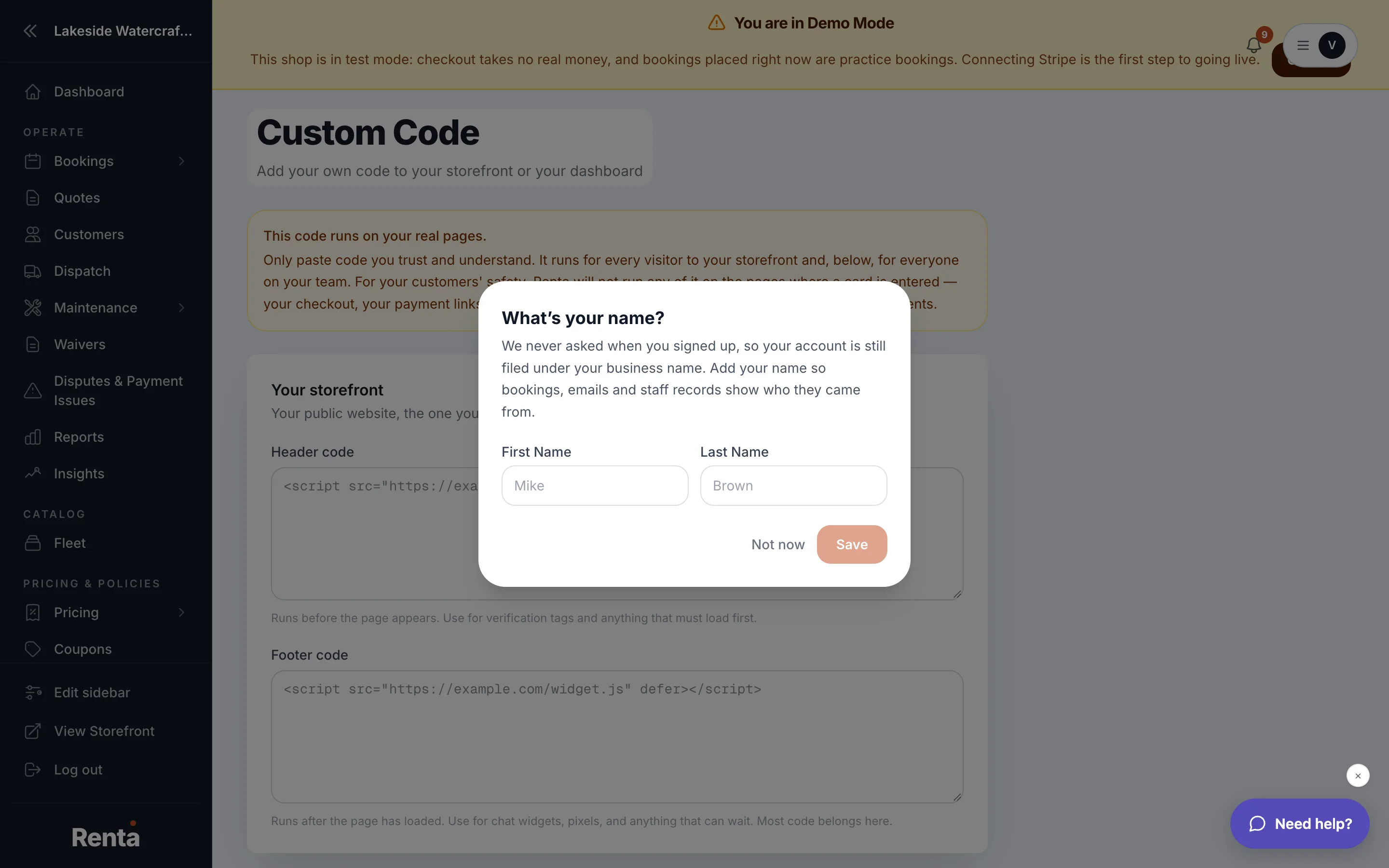 The Custom Scripts page with storefront header and footer code fields