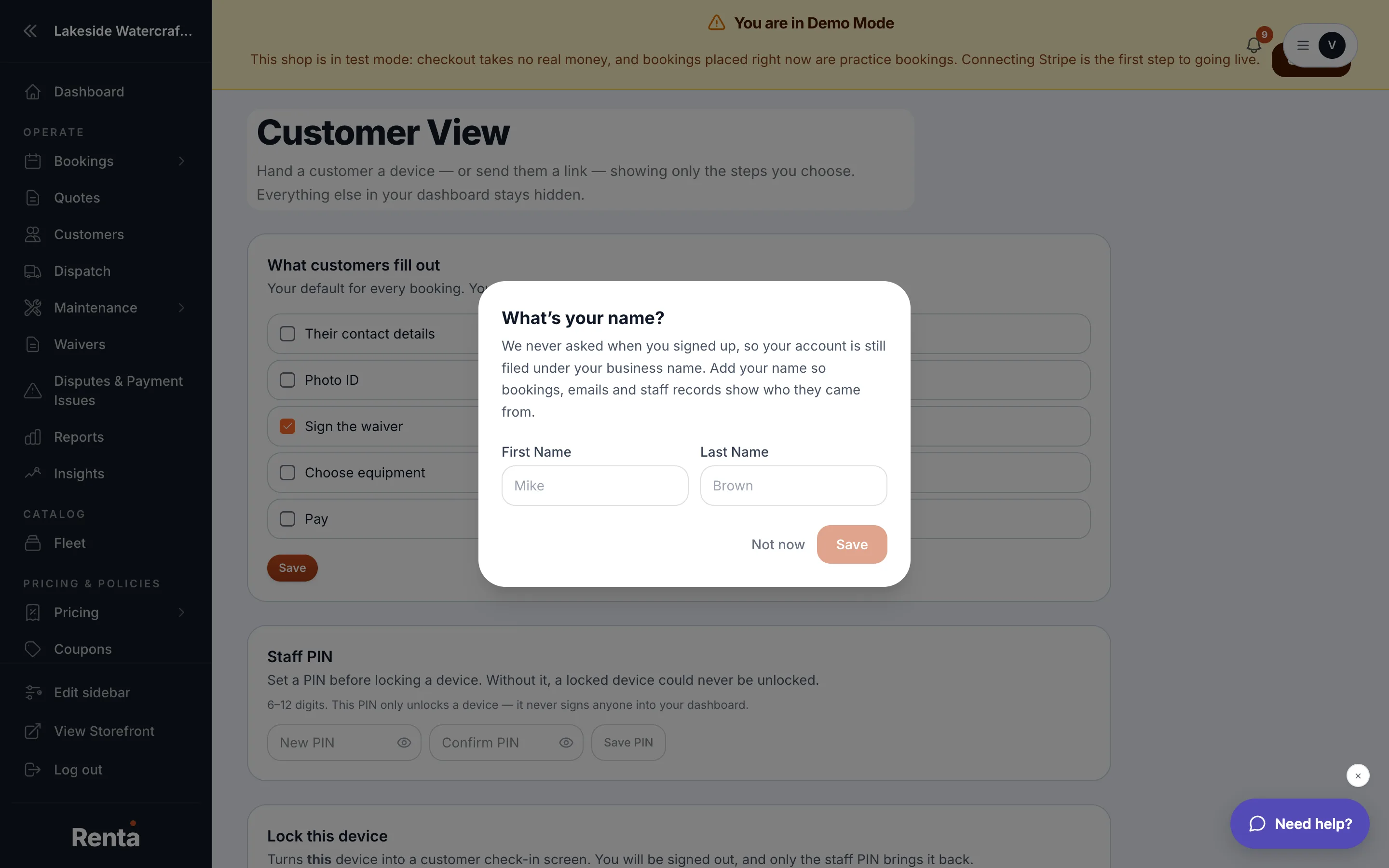 The Customer View settings page with step toggles and the staff PIN section